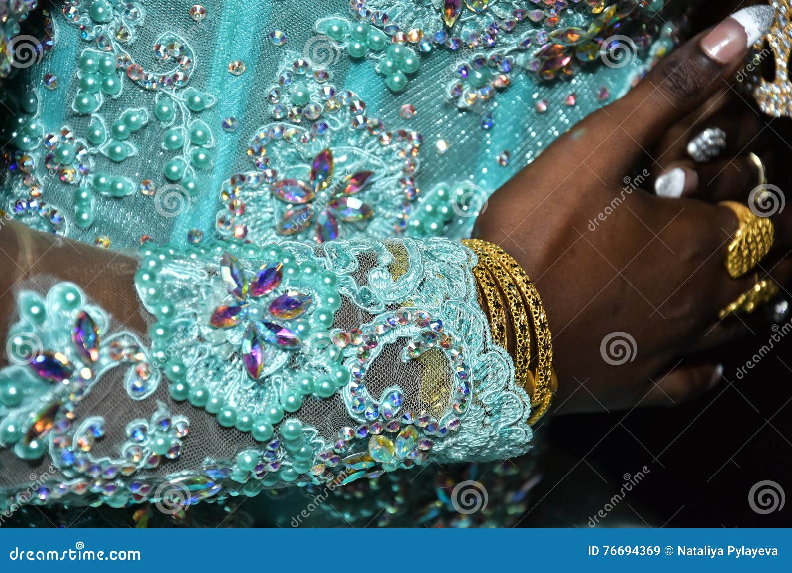 Hand Black Woman In A Turquoise Dress With Embroidery Stock Image Image Of Black Clothing 76694369