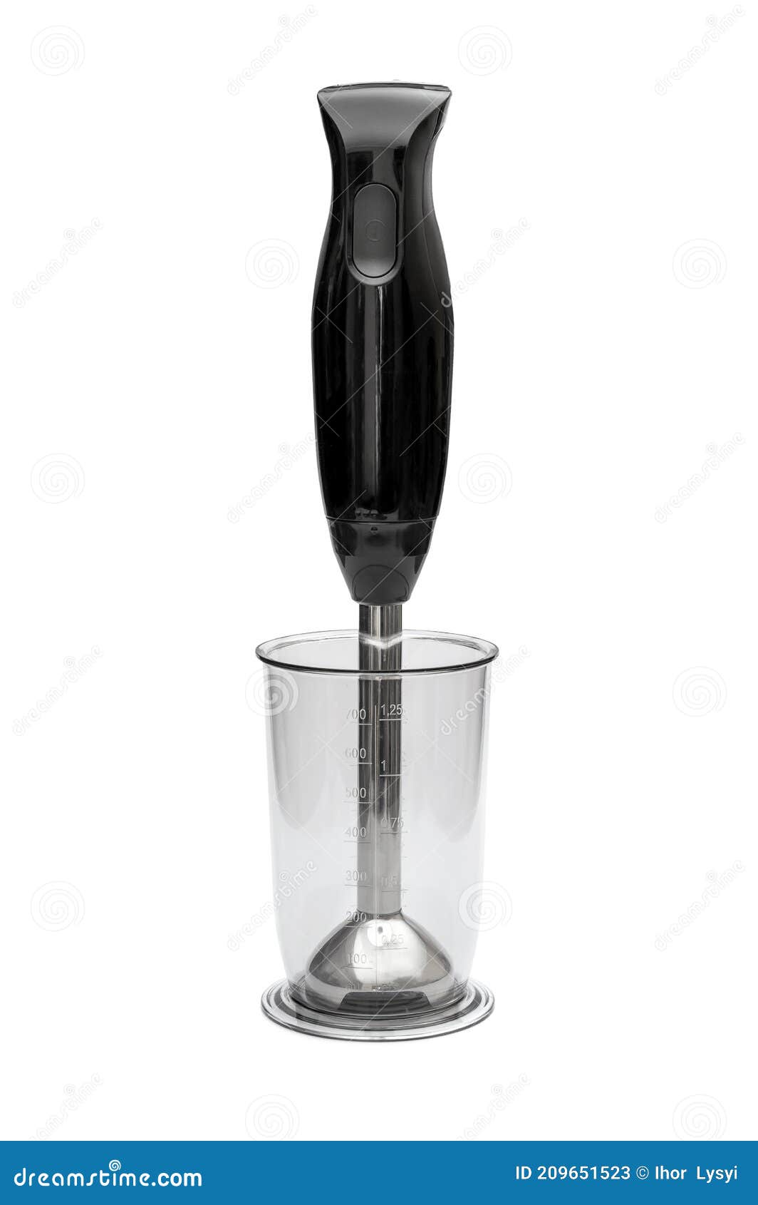 Hand Blender in Plastic Measuring Bowl. Isolated on White Stock Image