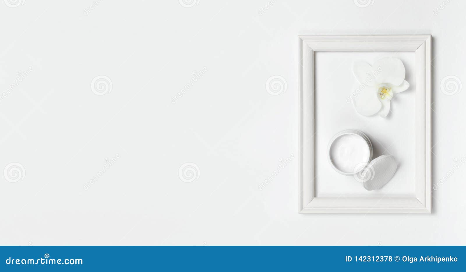 Download Hand Or Body Cream, Orchid Flower, Cotton Pads, Photo Frame On Light Background Top View Flat ...