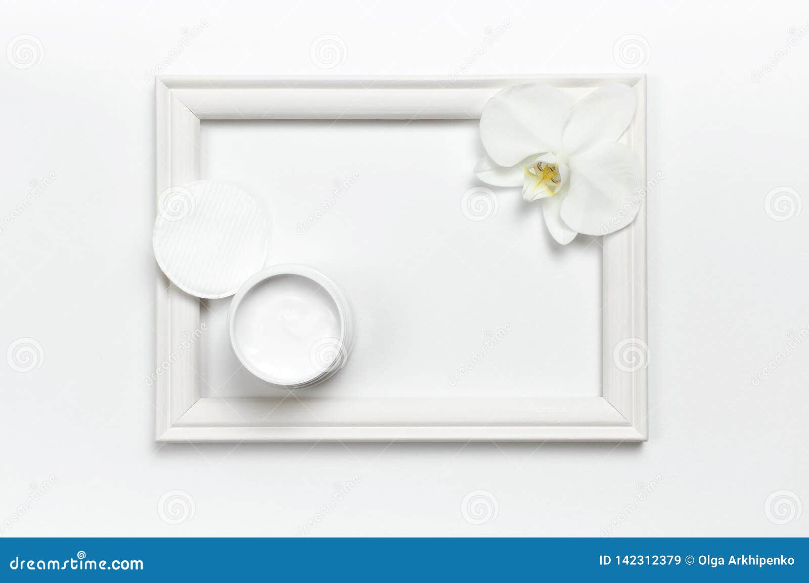 Download Hand Or Body Cream, Orchid Flower, Cotton Pads, Photo Frame On Light Background Top View Flat ...