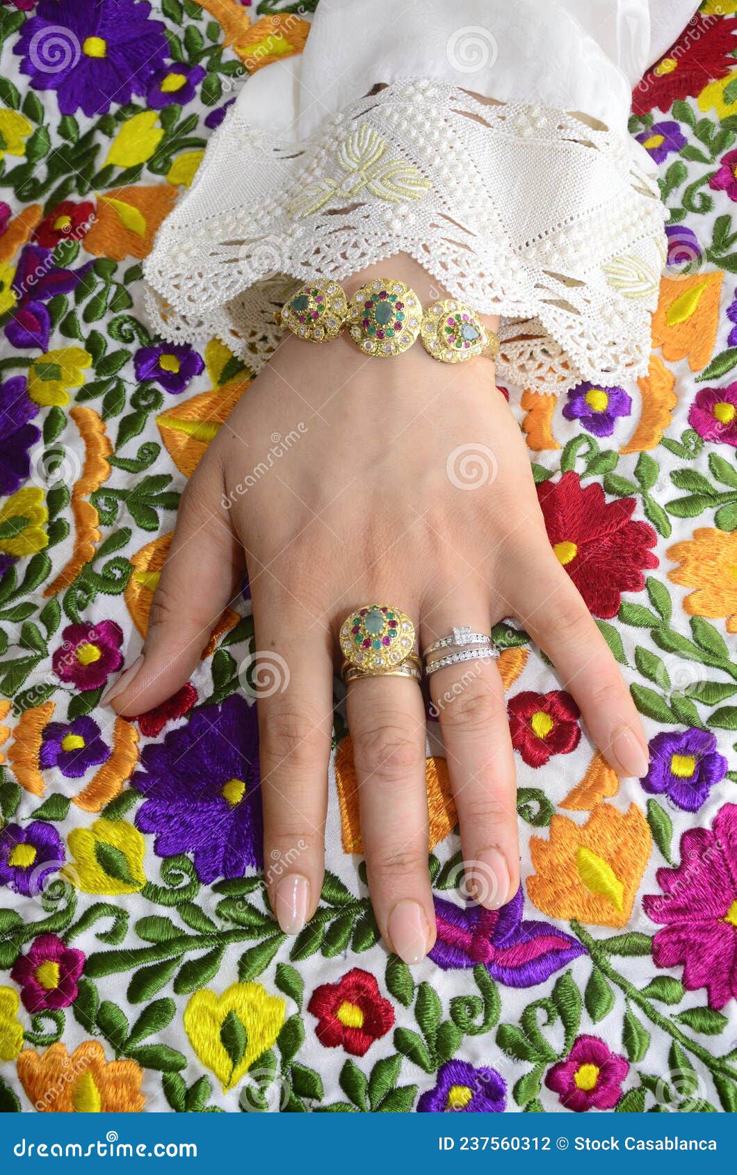 Hand of the Bride`s Hand with Wedding Ring and Bracelet. Stock Photo