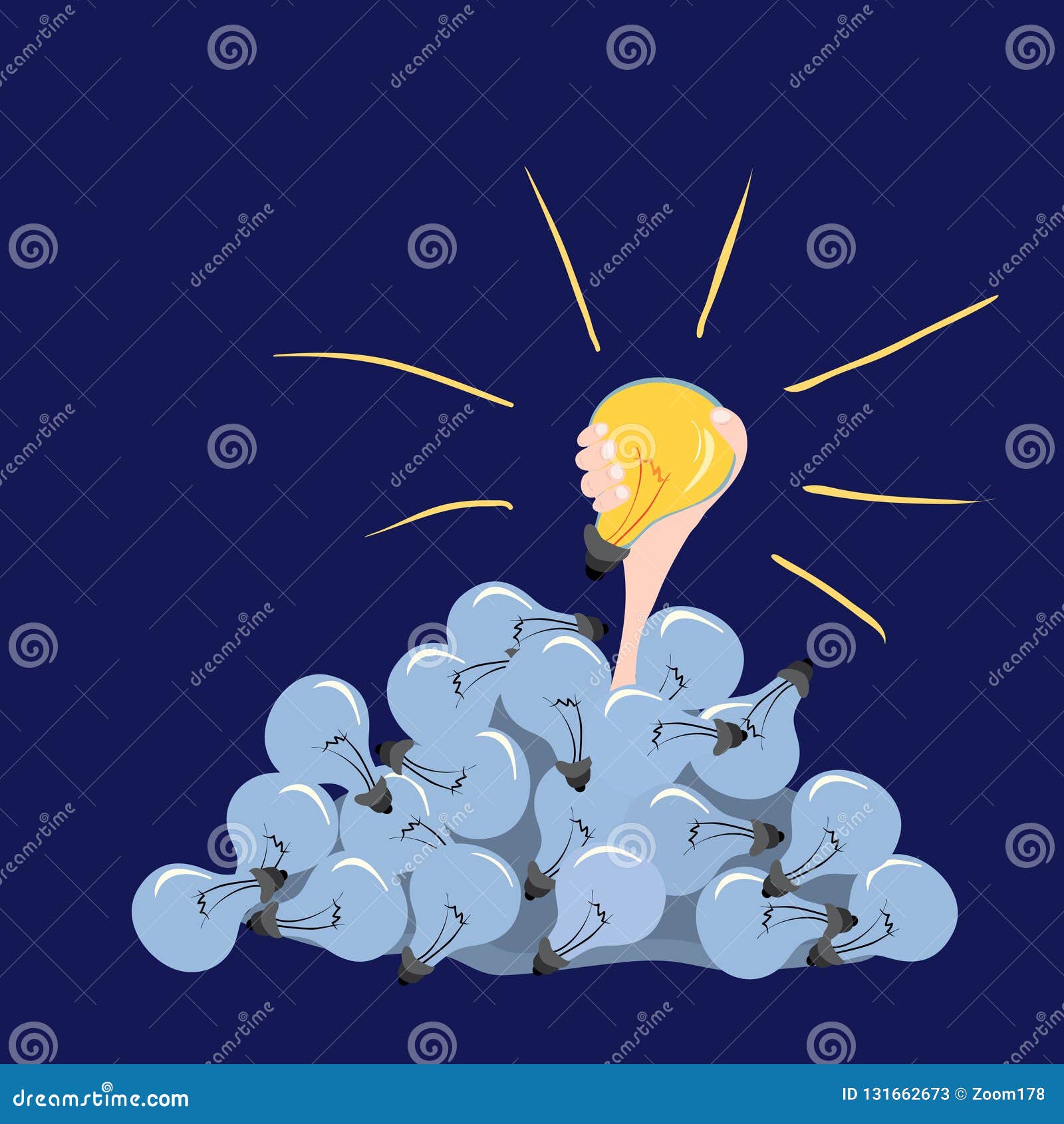 Hand with a Burning Light Bulb is Pulled Up from a Mountain of Non