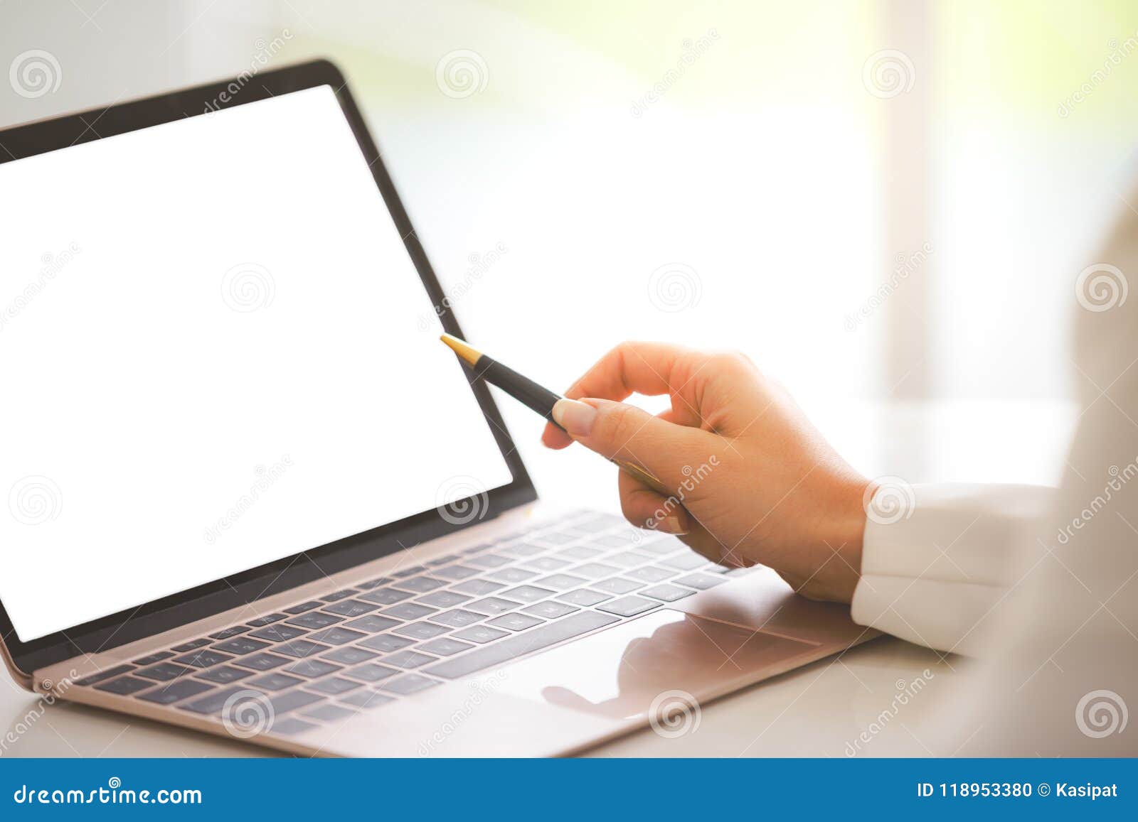 hand business woman holding pen on screen labtop