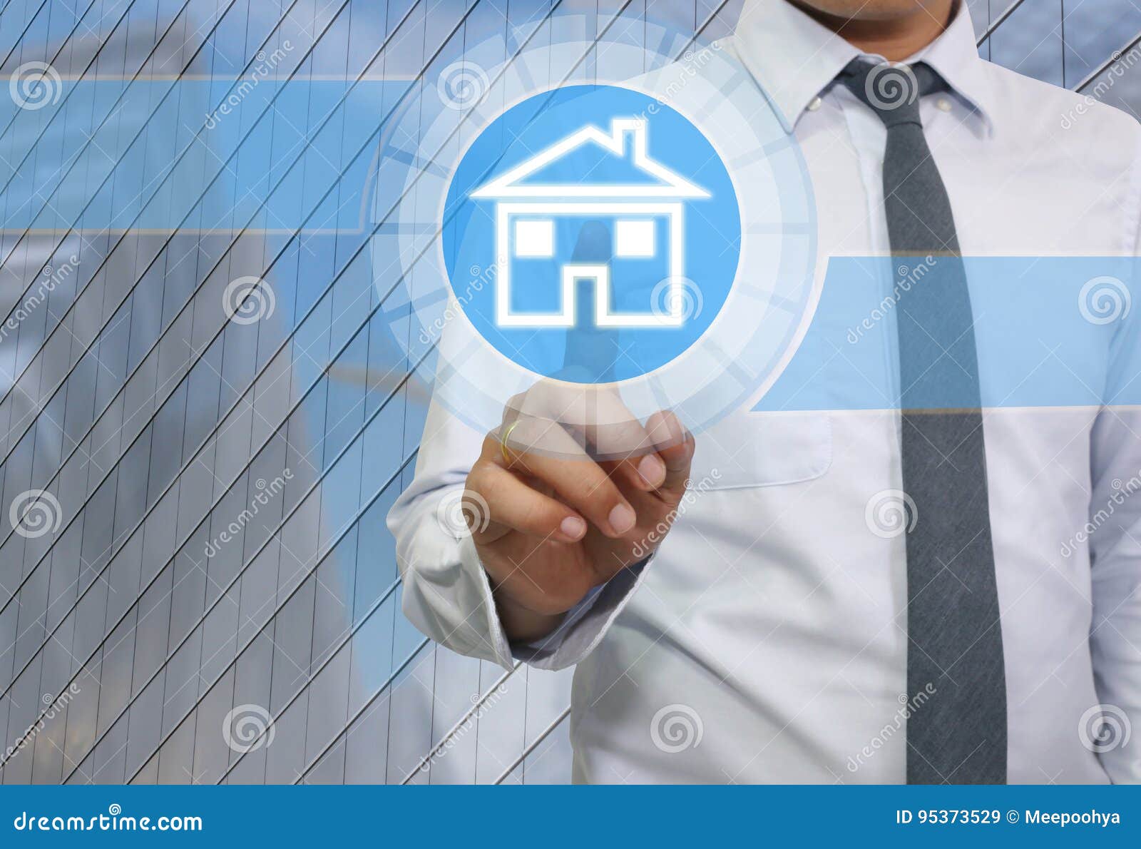 hand of businessman use finger touch icon home.