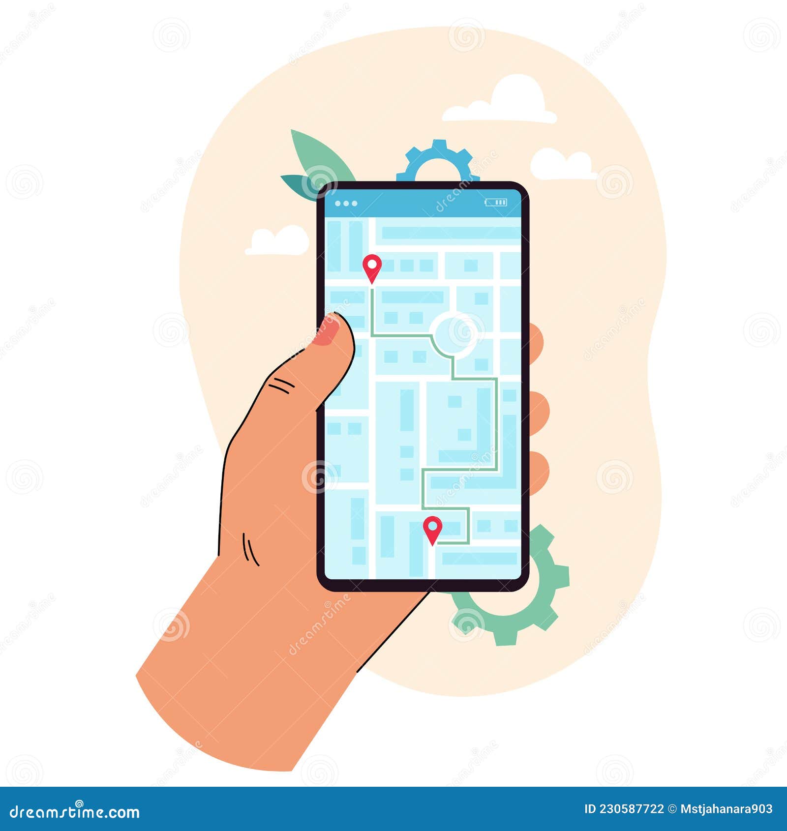 Hand of Cartoon Person Holding Cell Phone with Map Application Stock Vector  - Illustration of banner, business: 230587722