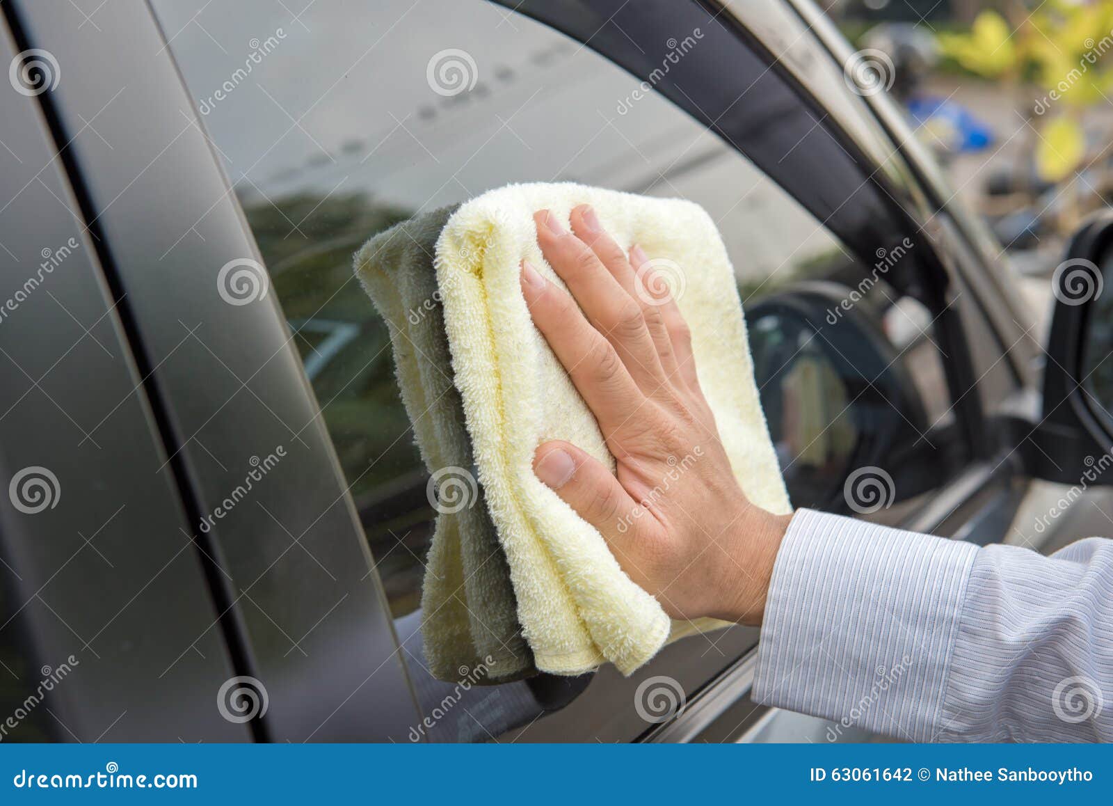 Hand Cleaning the Car Window with Microfiber Cloth Stock Photo Image
