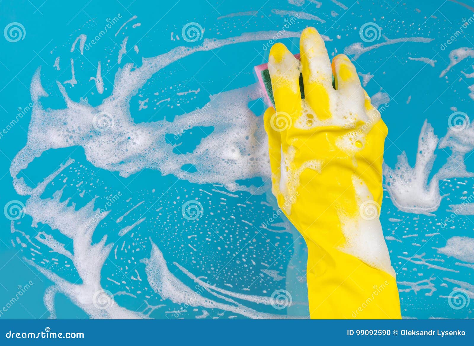 Hand Cleaning Glass Window Pane with Detergent and Wipe or Sponge Stock