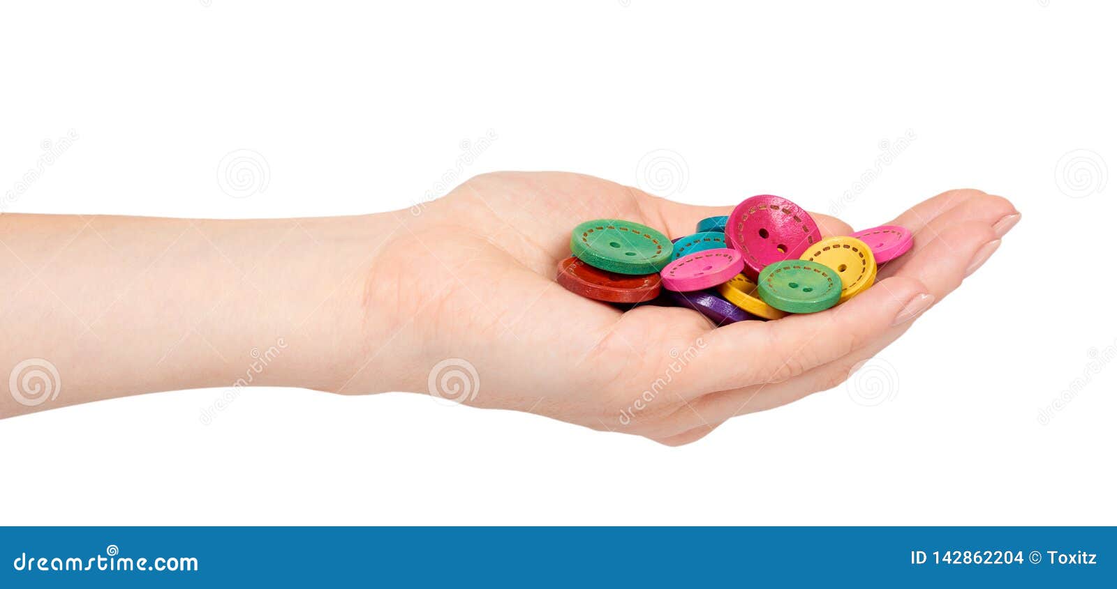 Hand with Colorful Sewing Buttons, Decoration Accessory Stock Photo