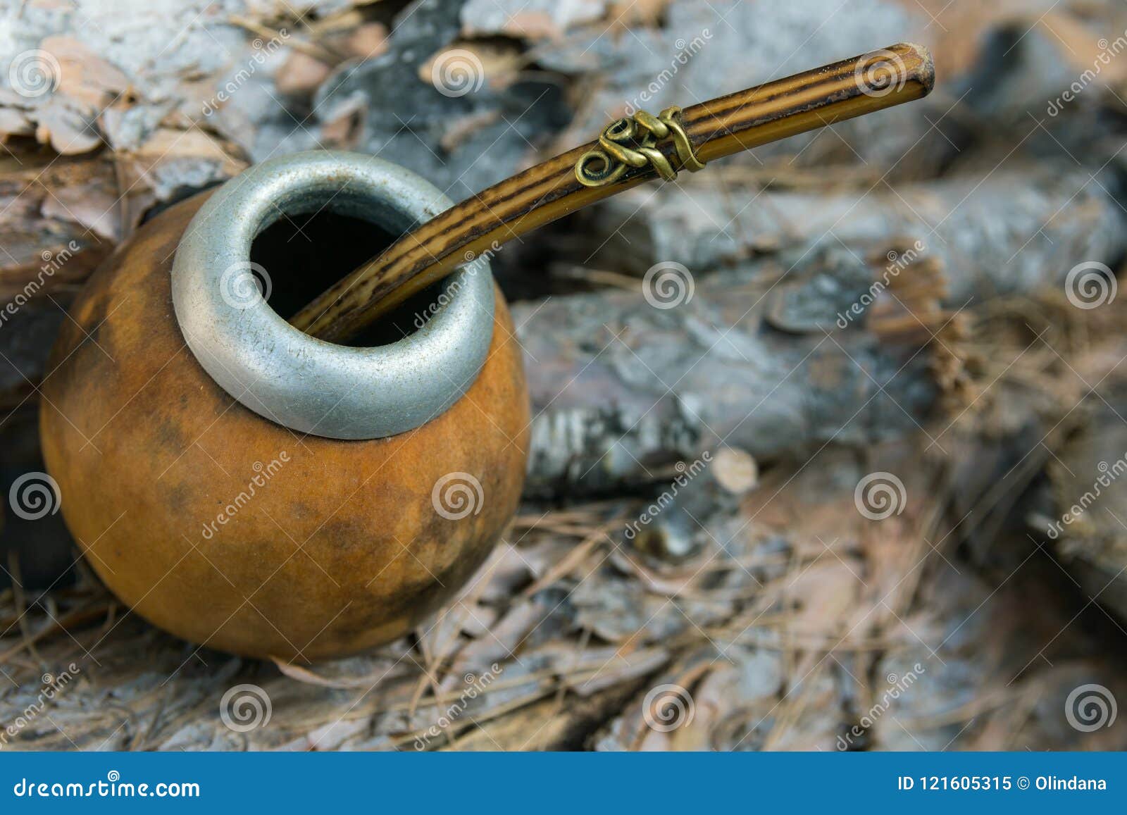 hand crafted artisanal yerba mate tea leather calabash gourd with straw on wood logs in forest. travel wanderlust concept. earthy