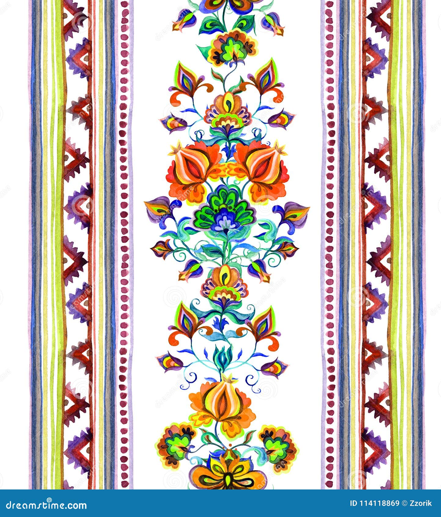 hand crafted ethnic art of eastern europe - seamless frame with ornamental flowers and stripes. watercolor