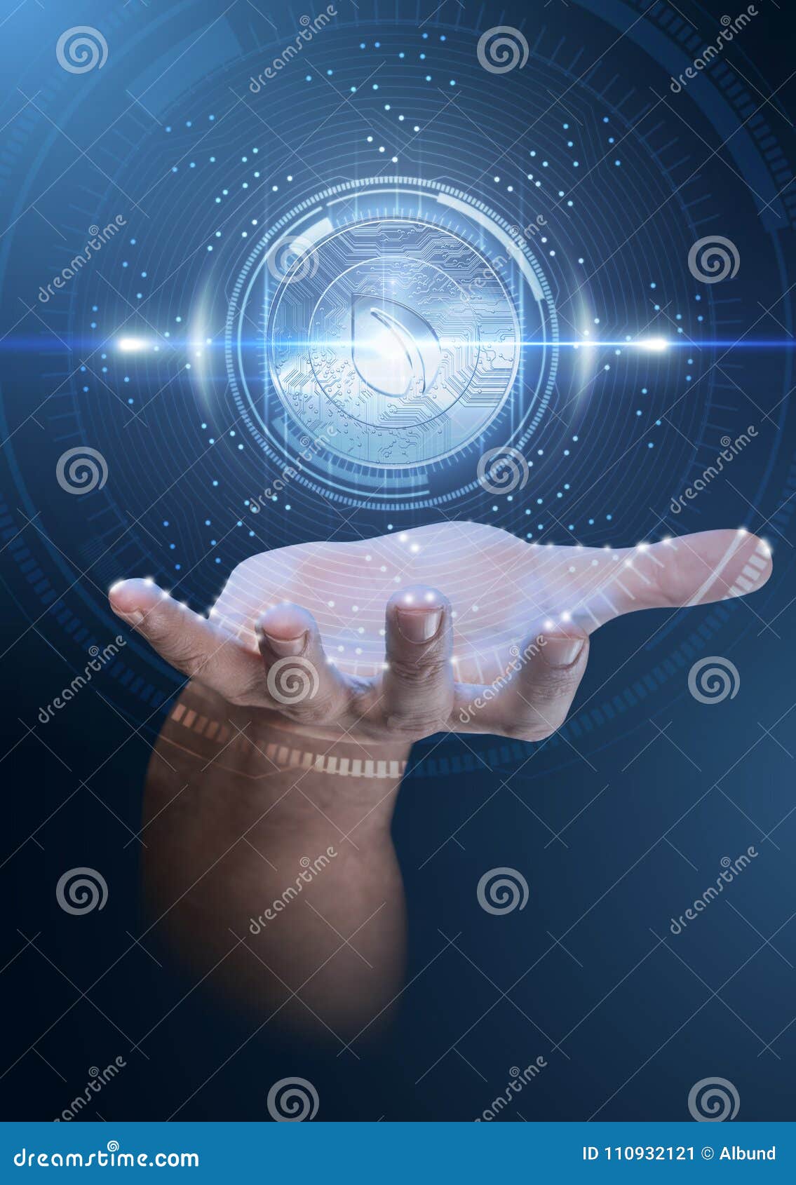 hand with cryptocurrency hologram