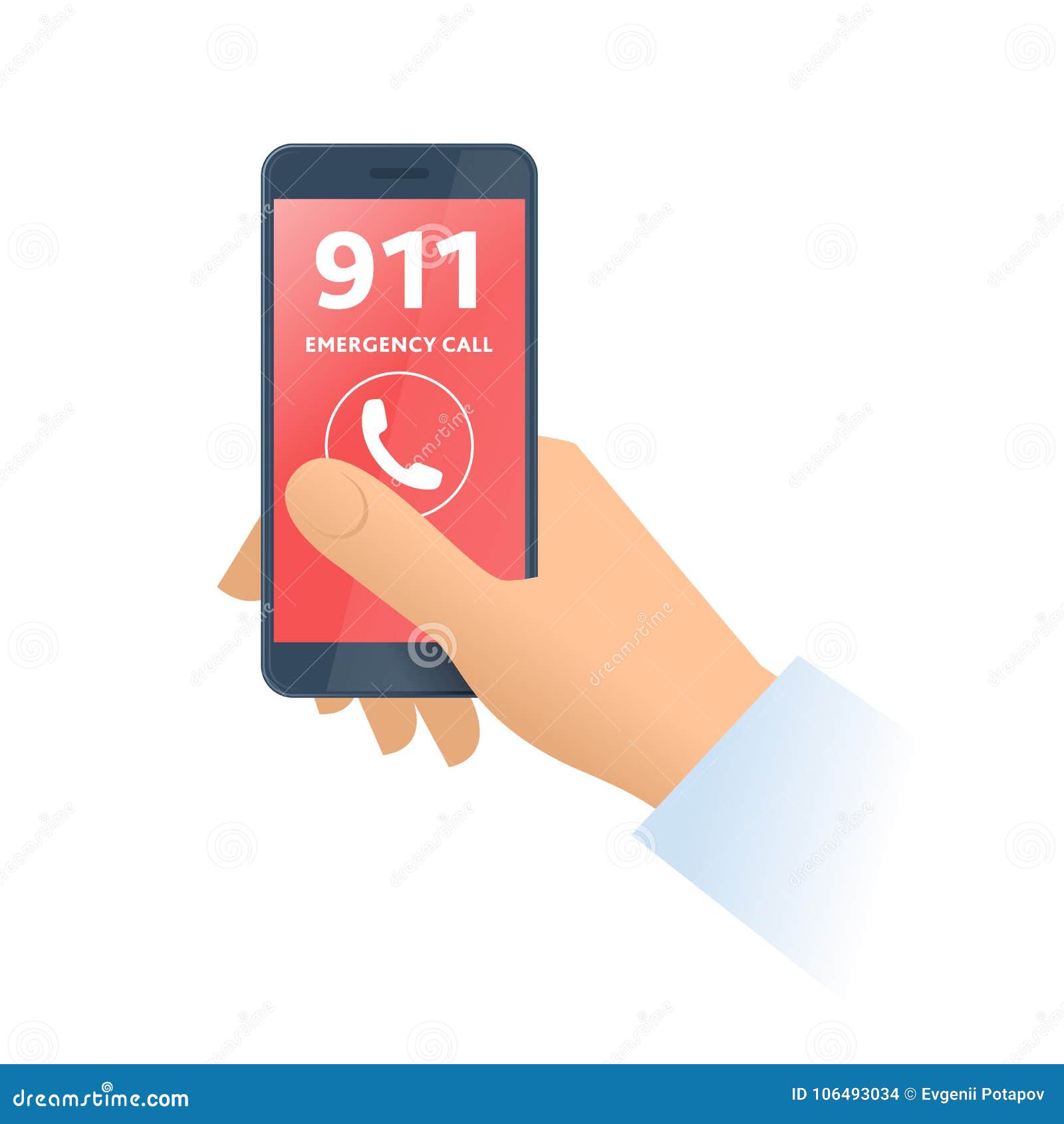 A Hand Dials 911 Number on the Phone. Flat Illustration. Stock Vector