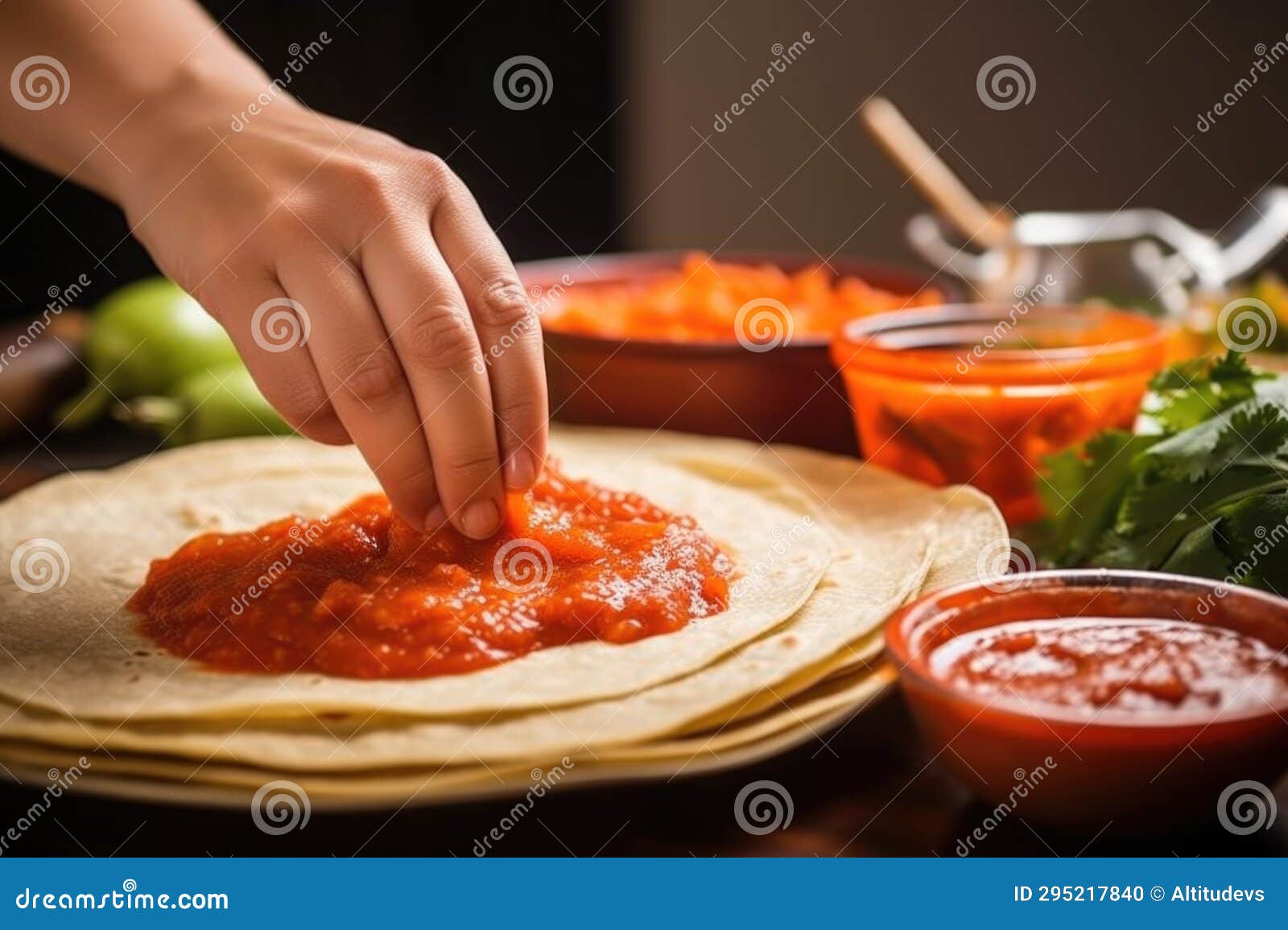 Hand Dips Tortilla in Red Sauce for Enchilada Making Stock Photo