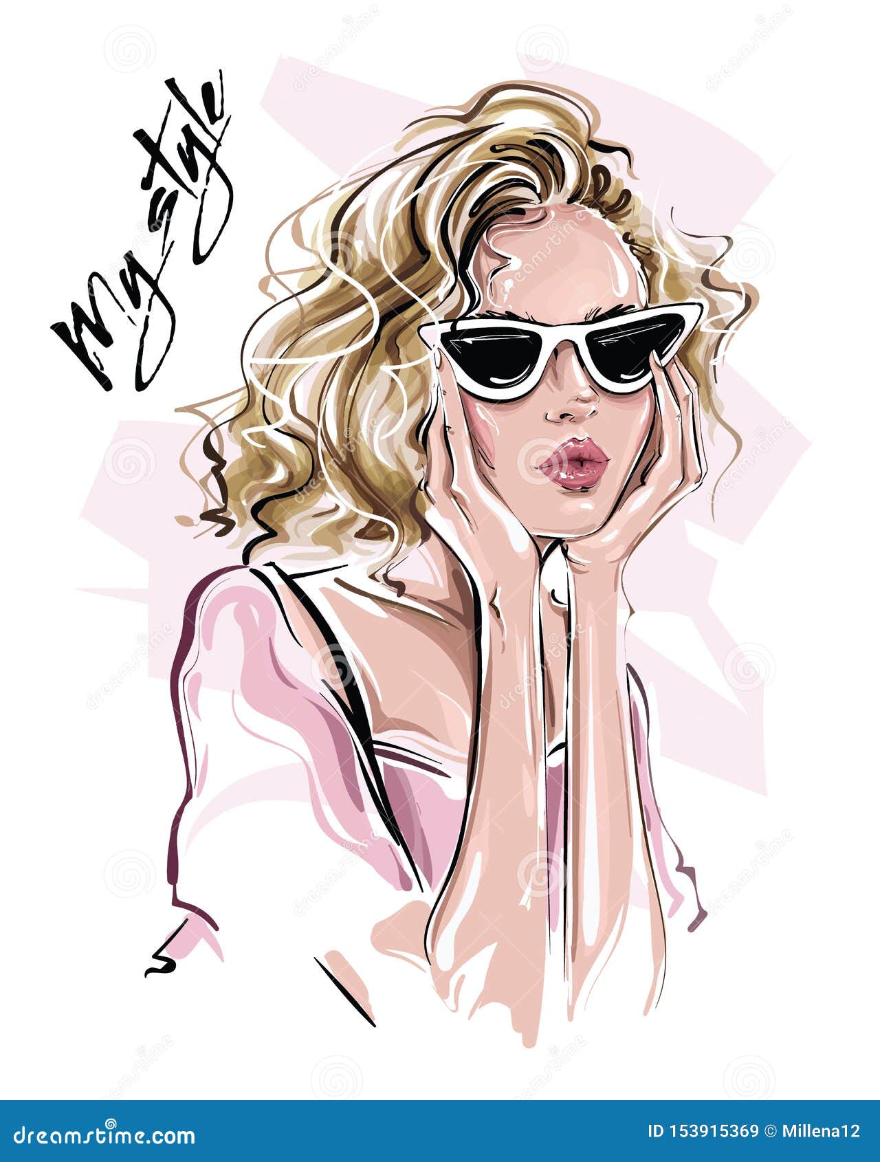 Hand drawn beautiful young woman in sunglasses. Stylish blonde hair girl. Fashion woman look. Sketch