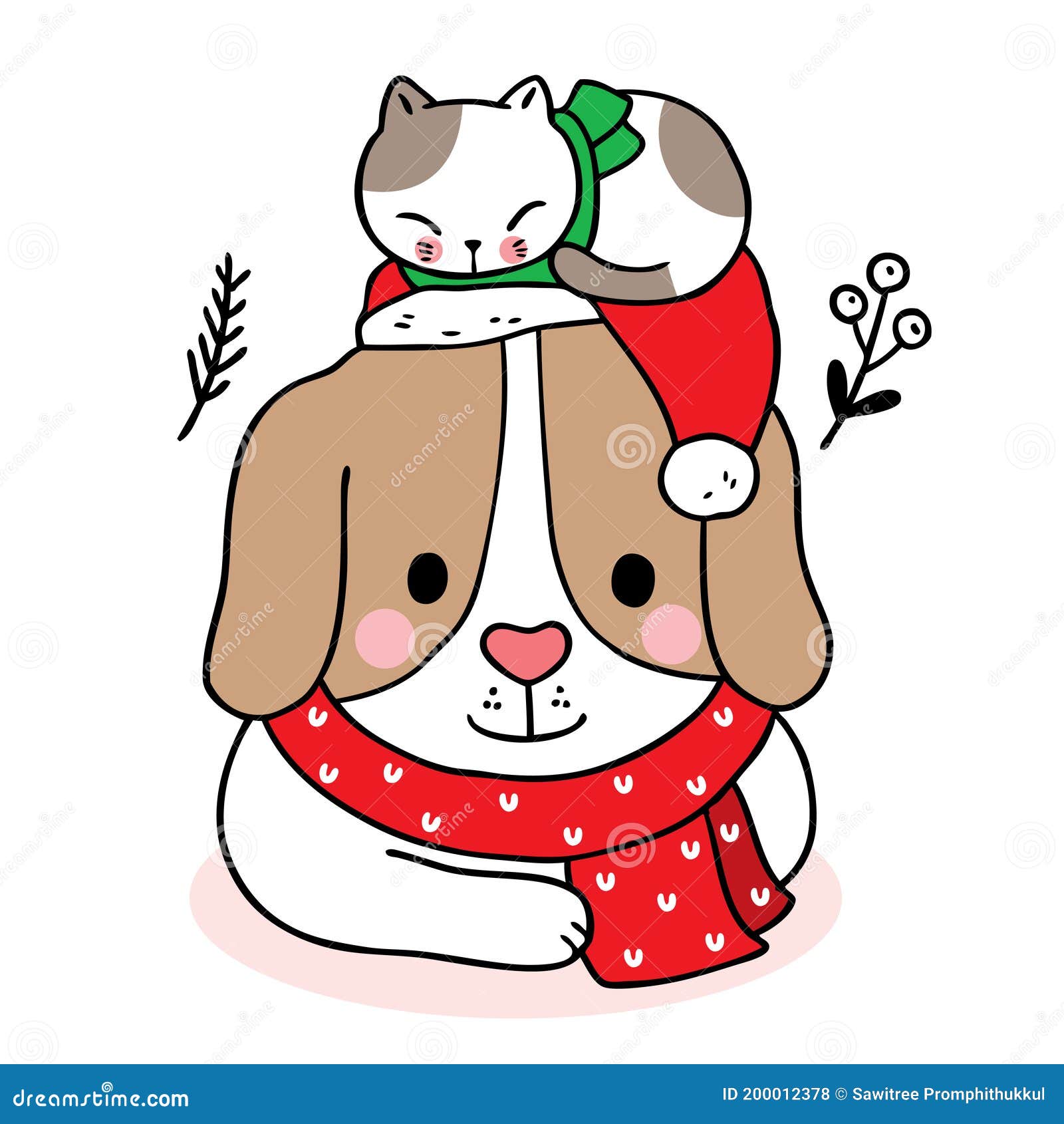 Hand Draw Cartoon Cute Merry Christmas, Cat Sleepy on Head Dog Vector. Stock Vector - Illustration of year, cute: 200012378 Hand Draw Cartoon Cute Merry Christmas, Cat Sleepy on Head Dog Vector. Stock Vector - Illustration of year, cute: 200012378