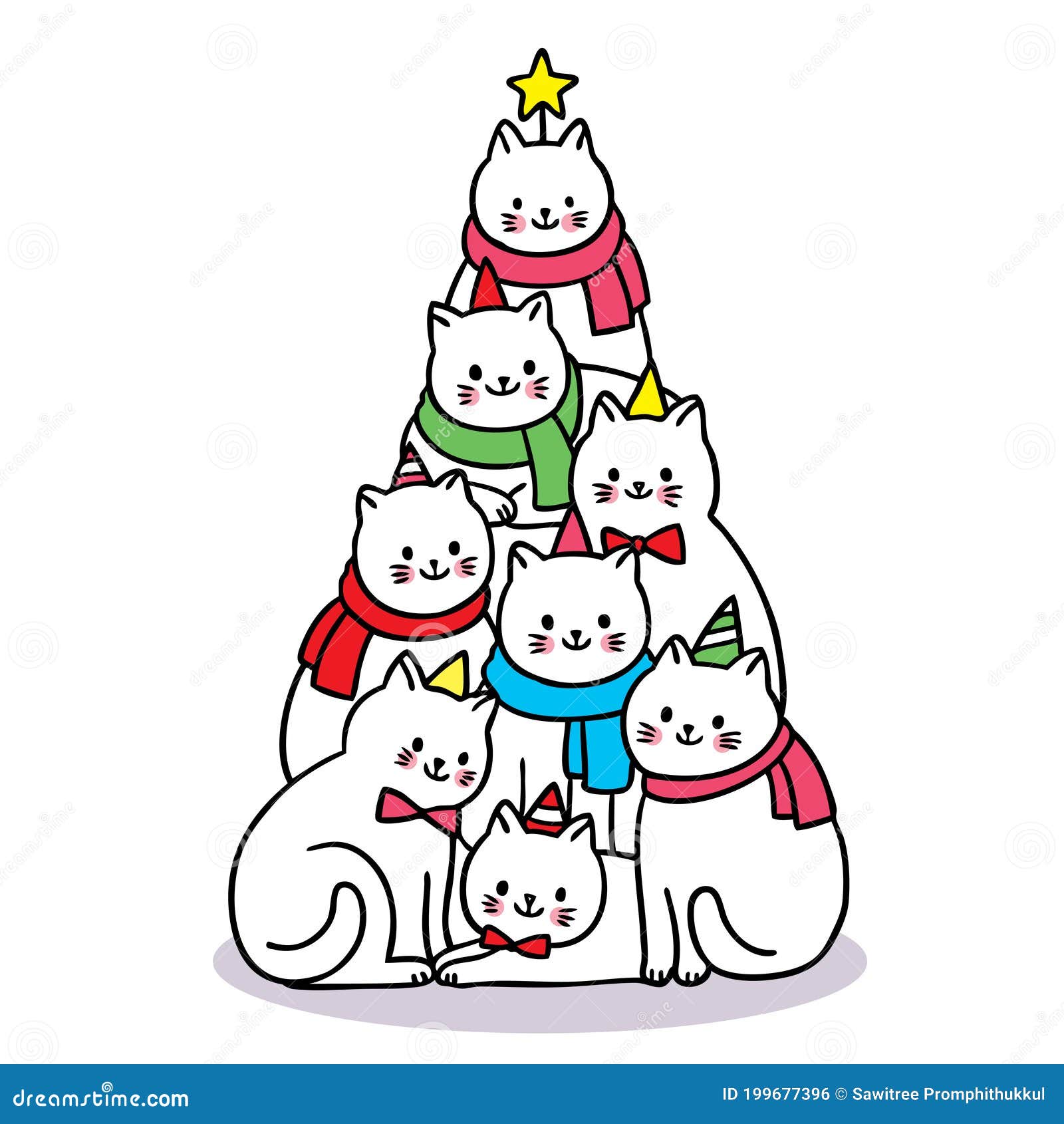 Hand Draw Cartoon Cute Merry Christmas, Cats Like Tree Christmas Vector ...