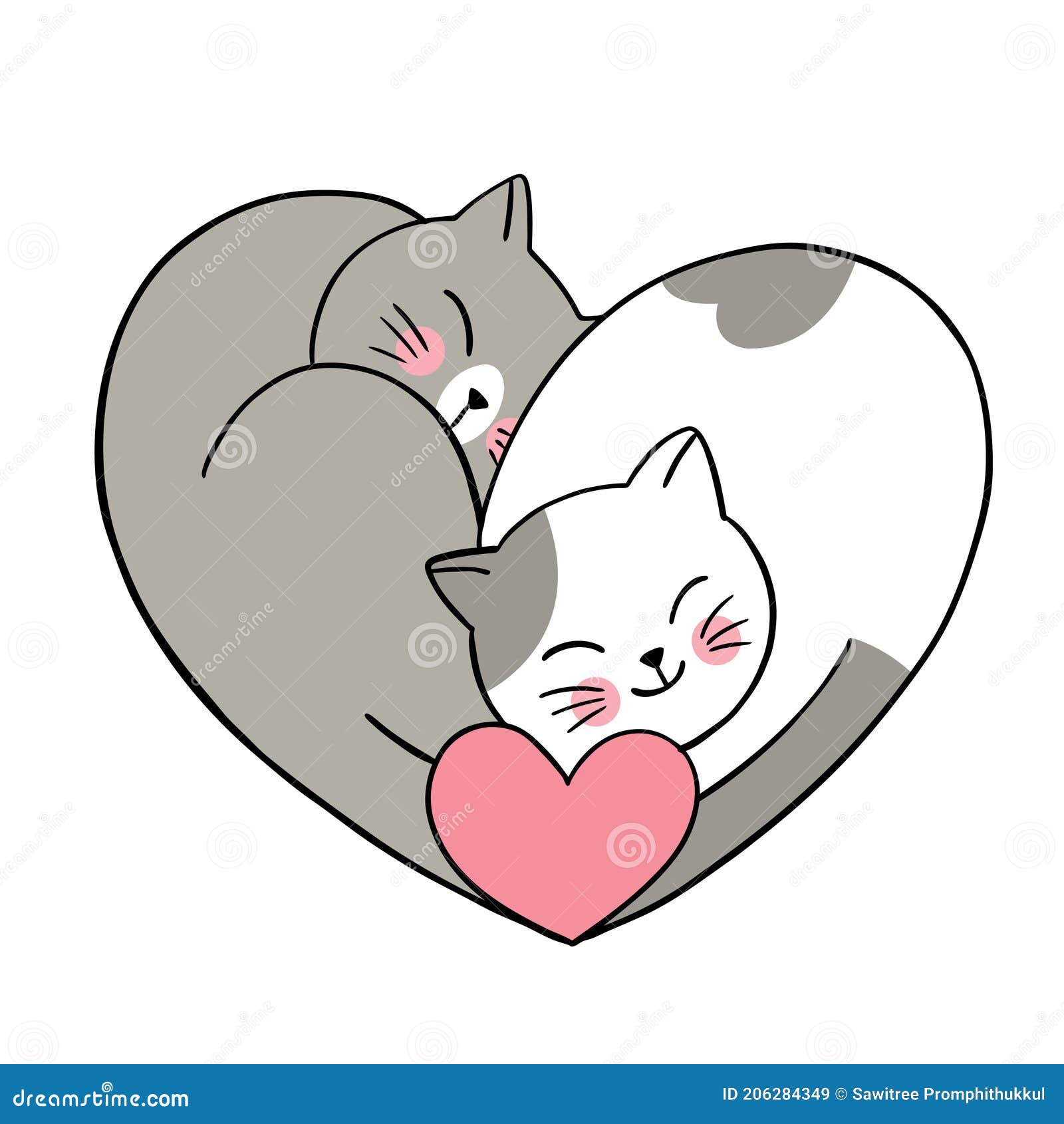 Hand Draw Cartoon Cute Valentine Day, Couple Cats Black and White and Heart Vector. Stock Illustration - Illustration of white, draw: 206284349