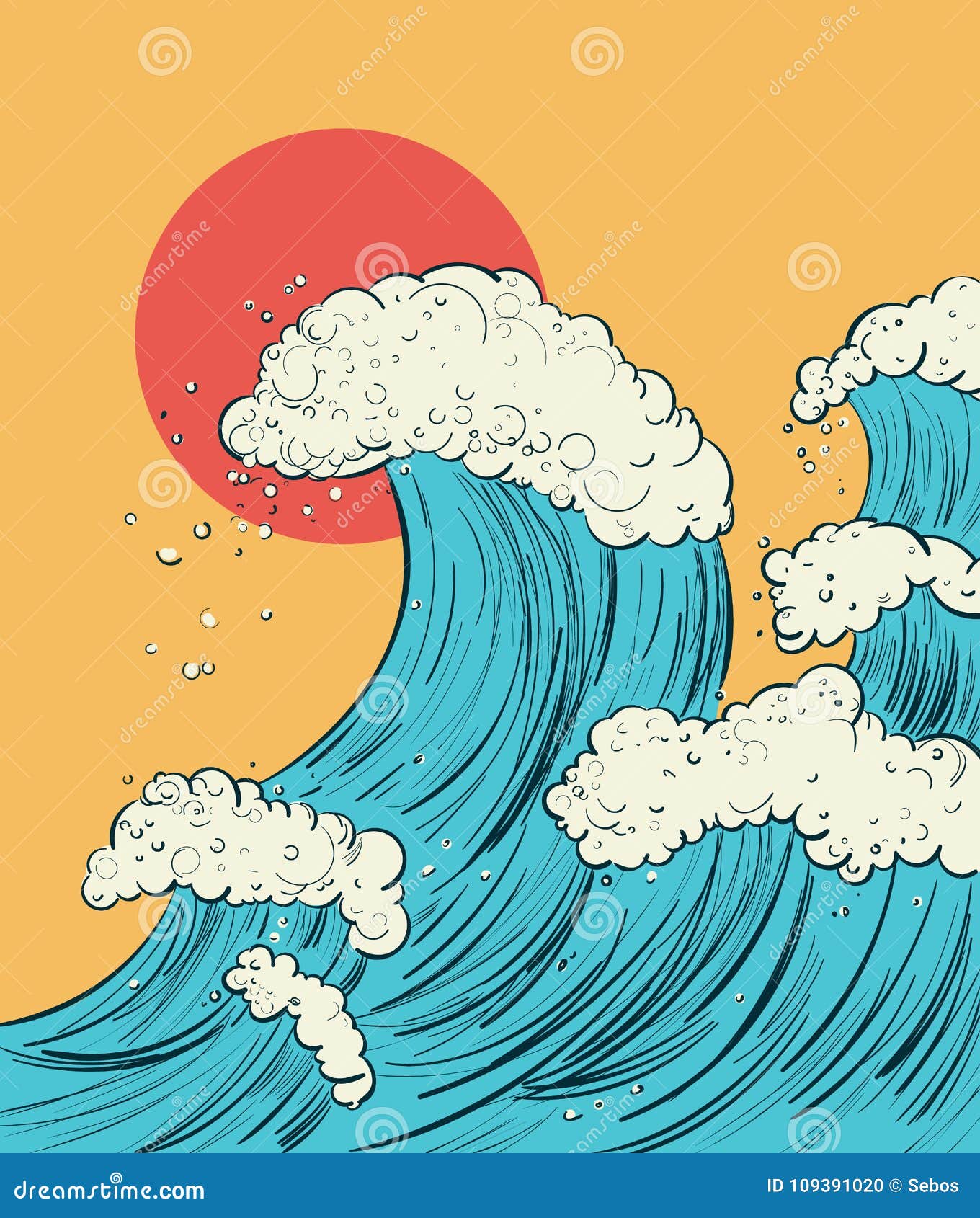 Hand Draw A Cartoon Illustration Of The Wave In Japanese Style