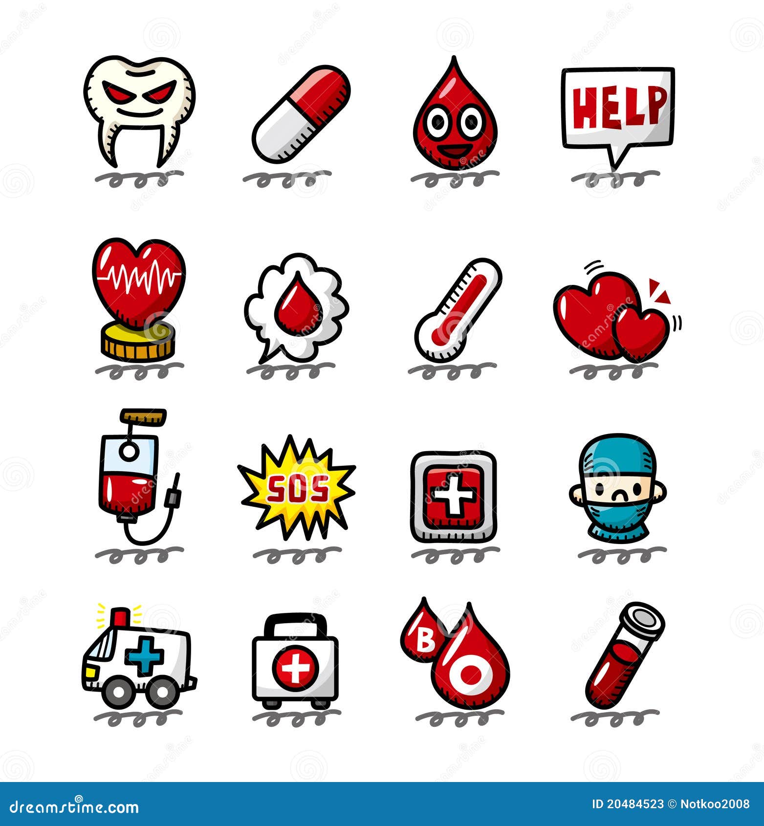 Hand Draw Cartoon Medical and Hospital Icons Set Stock Vector -  Illustration of color, medicine: 20484523