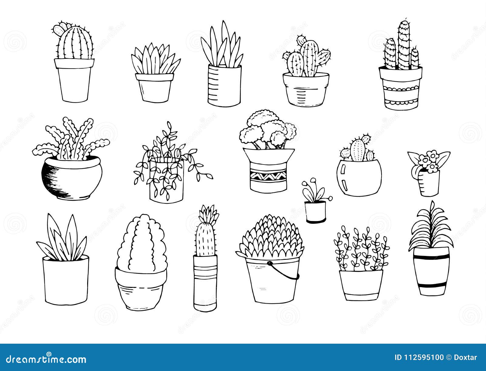 Hand Draw Flowers and Cacti in Pots Doodle Set Stock Illustration ...