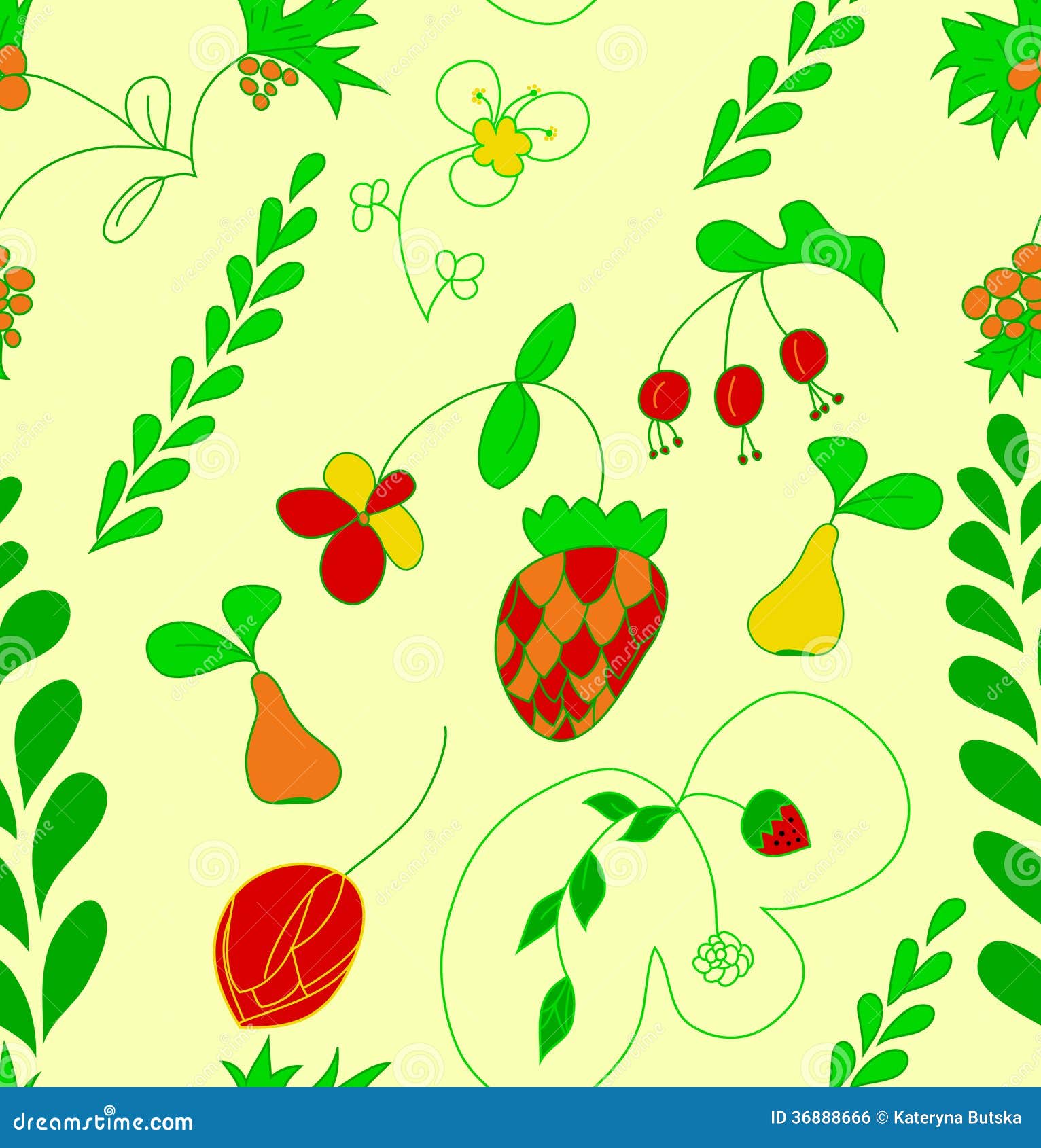 Hand Draw Fruit and Flower Seamless Pattern. Stock Vector