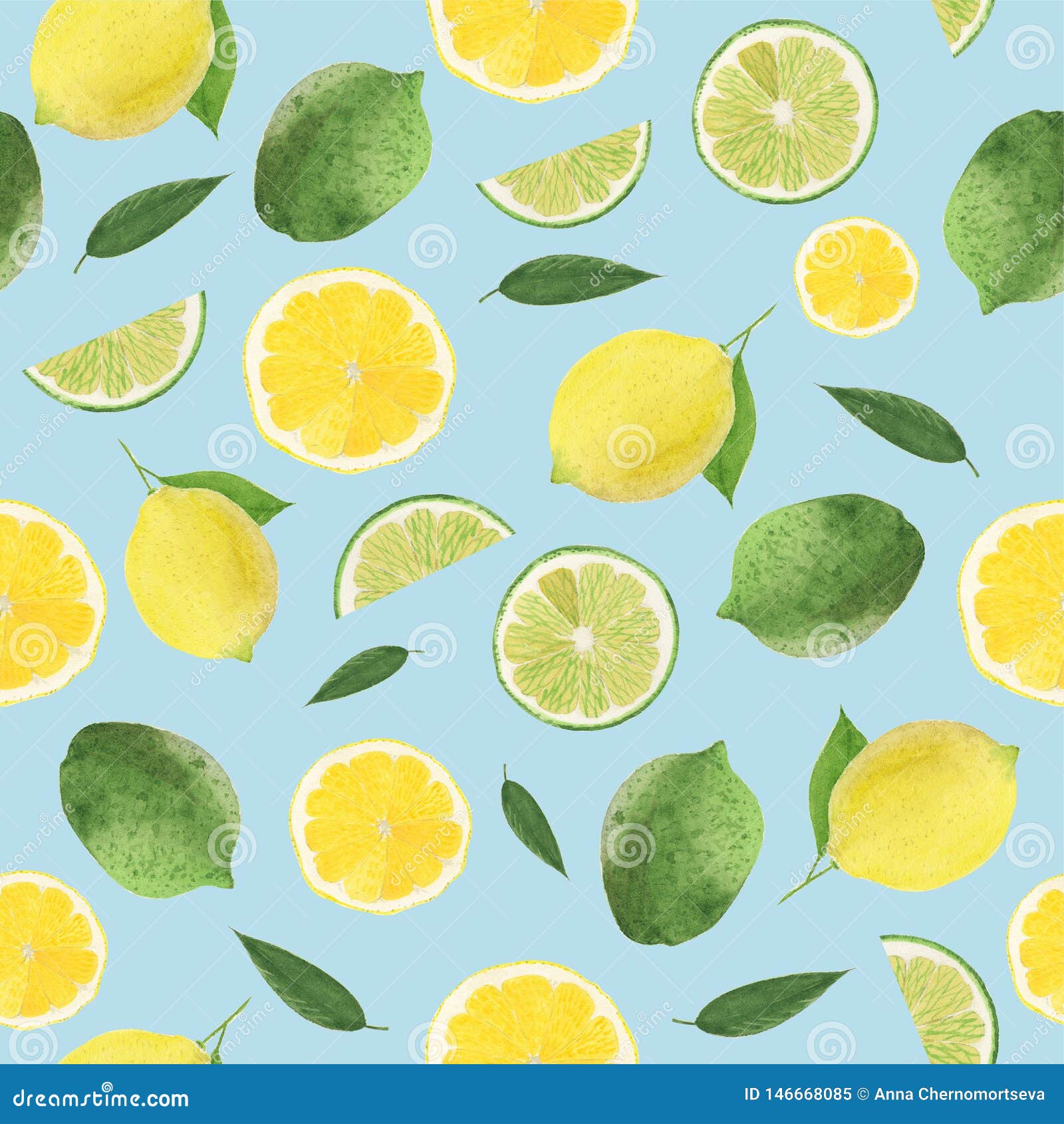 Hand Draw Seamless Pattern of Lemon and Lime on a Blue Background ...