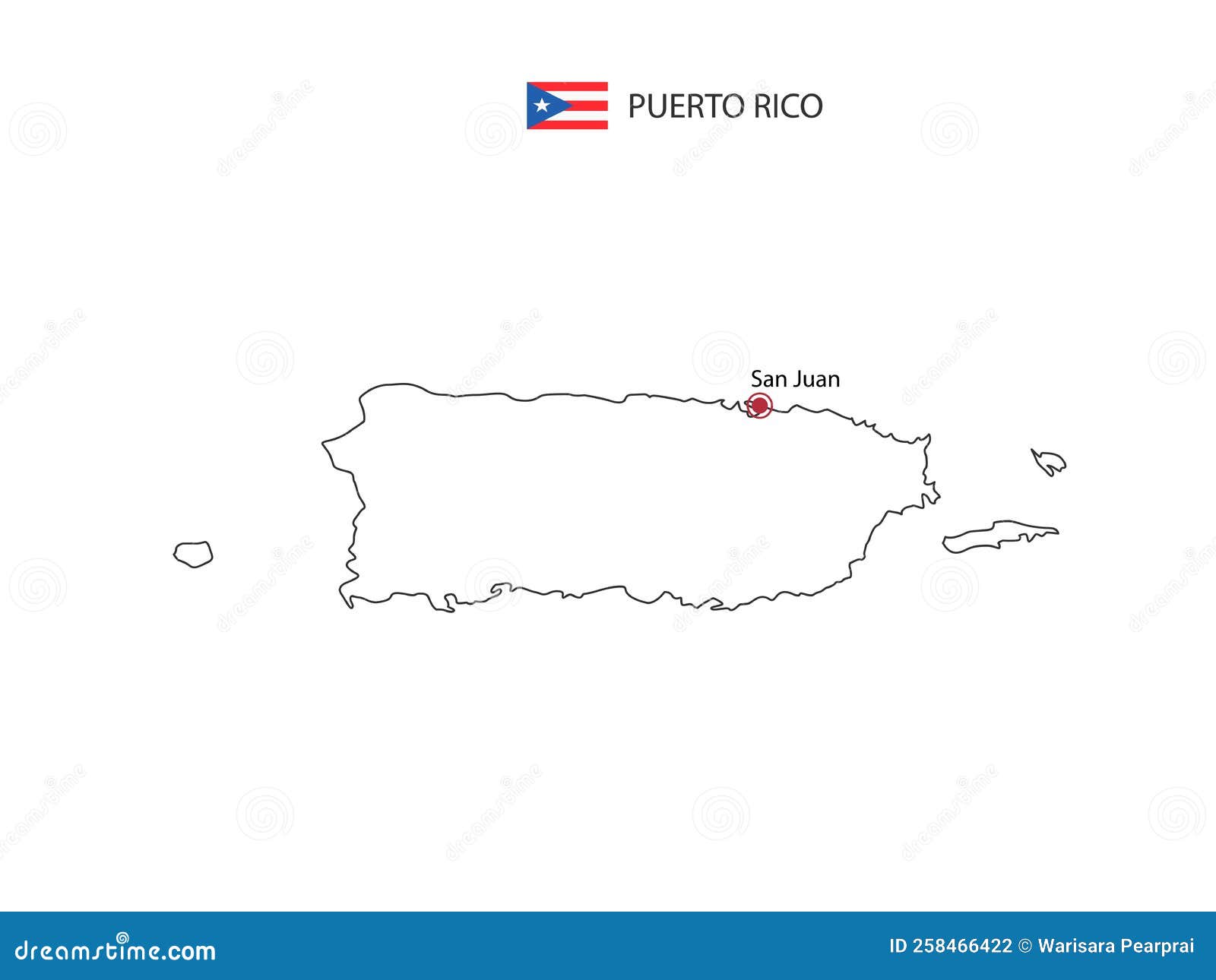 Hand Draw Thin Black Line Vector of Puerto Rico Map with Capital City San Juan Stock