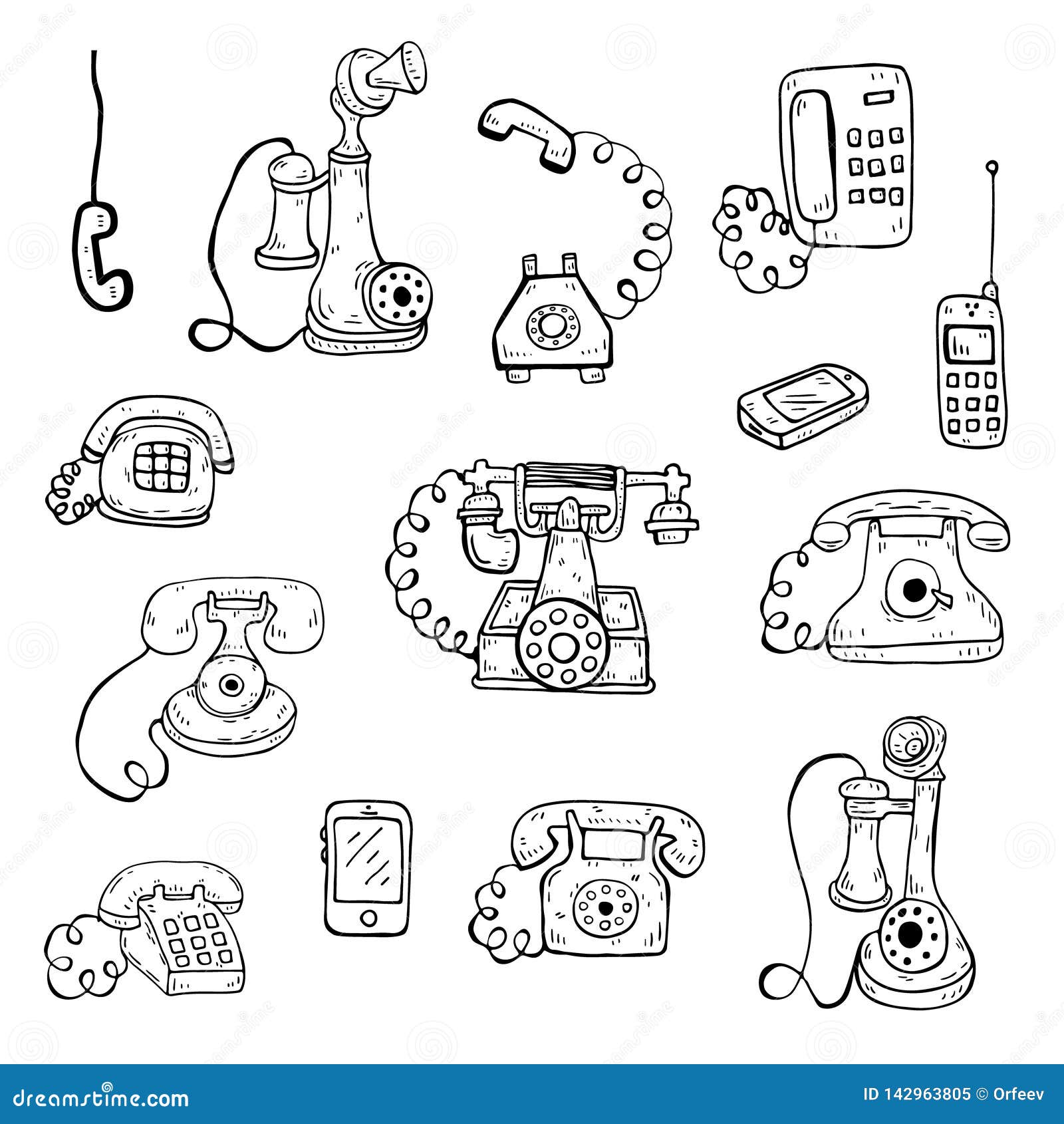 Retro rotary telephone. Ink black and white drawing Stock Photo - Alamy