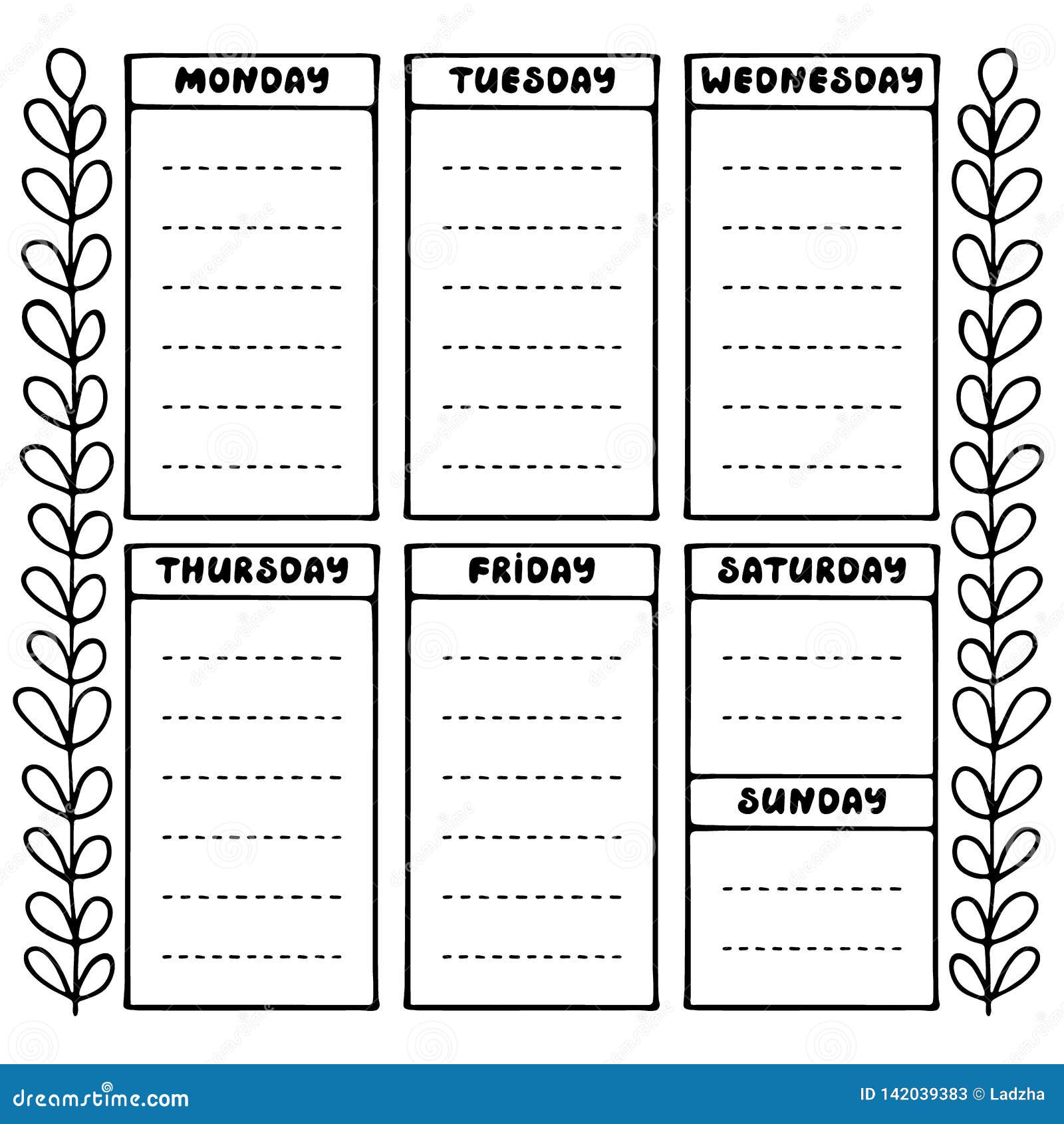 Hand Drawing Black And White Weekly Planner Template. Stock Vector -  Illustration Of Empty, Diary: 142039383