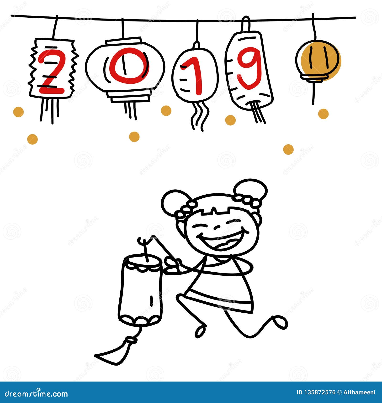 Hand Drawing Cartoon Character People Happy Chinese New Year 2019 Stock