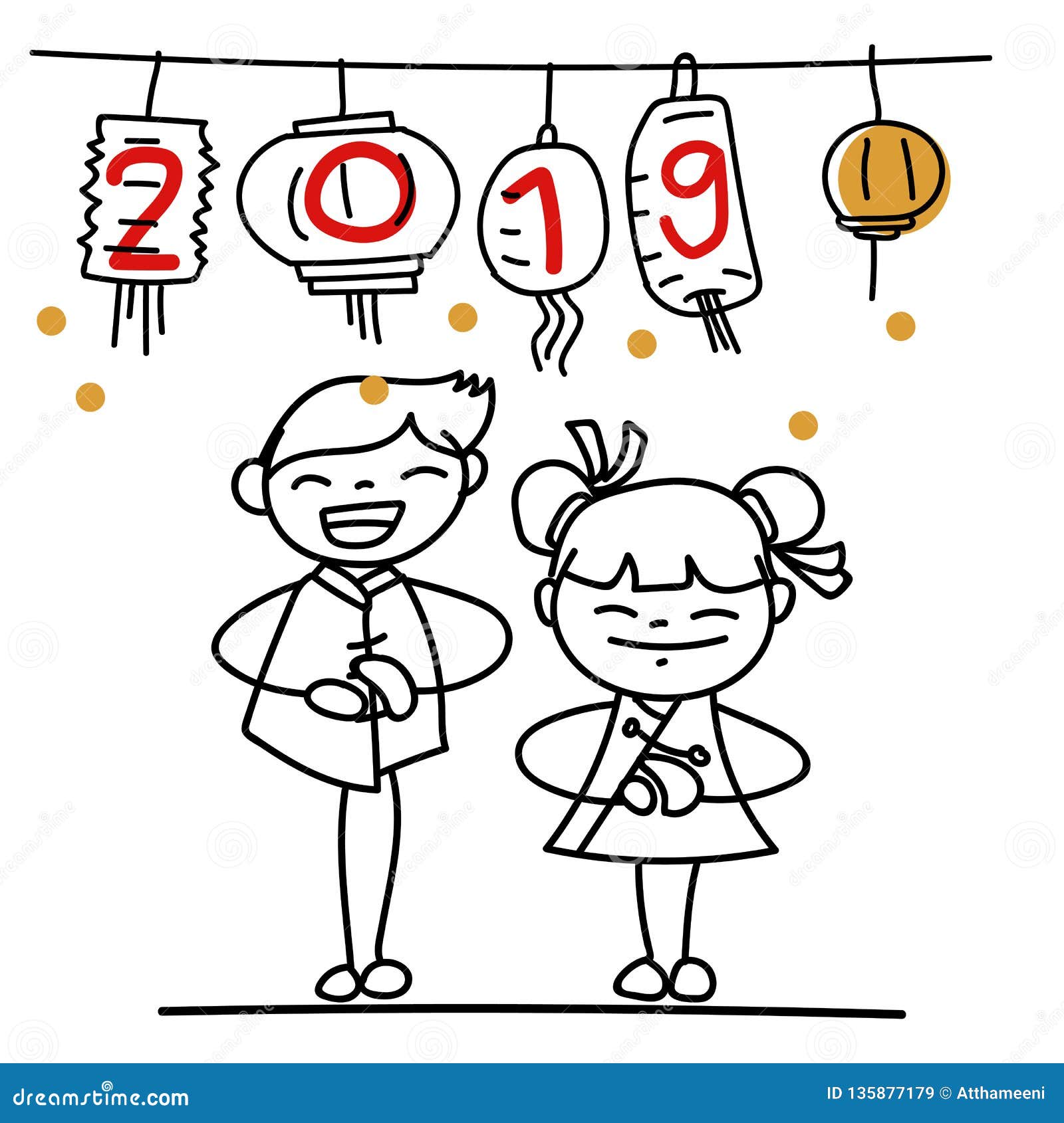 Hand Drawing Cartoon Character People Happy Chinese New Year 2019 Stock  Illustration - Illustration of gifts, celebration: 135877179