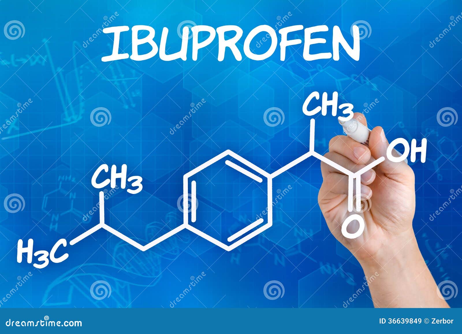 Hand Drawing The Chemical Formula Of Ibuprofen Stock Illustration