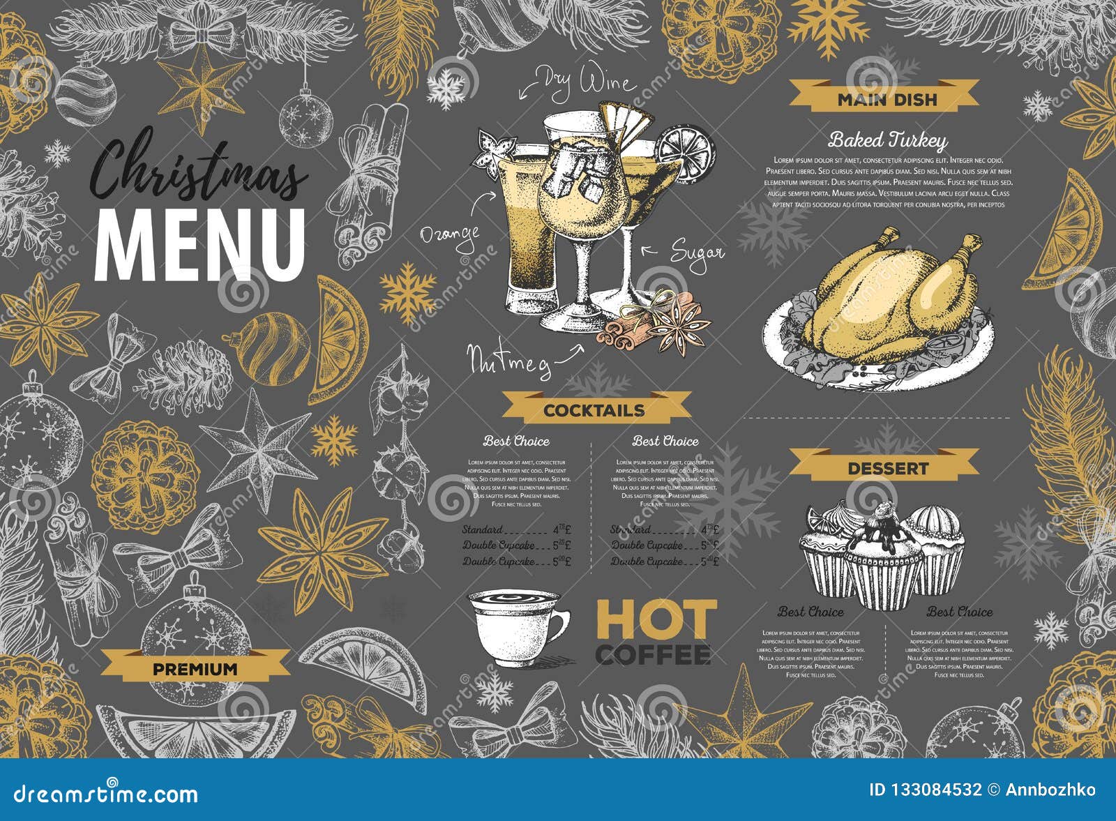 Hand Drawing Christmas Holiday Menu Design. Restaurant Menu Stock