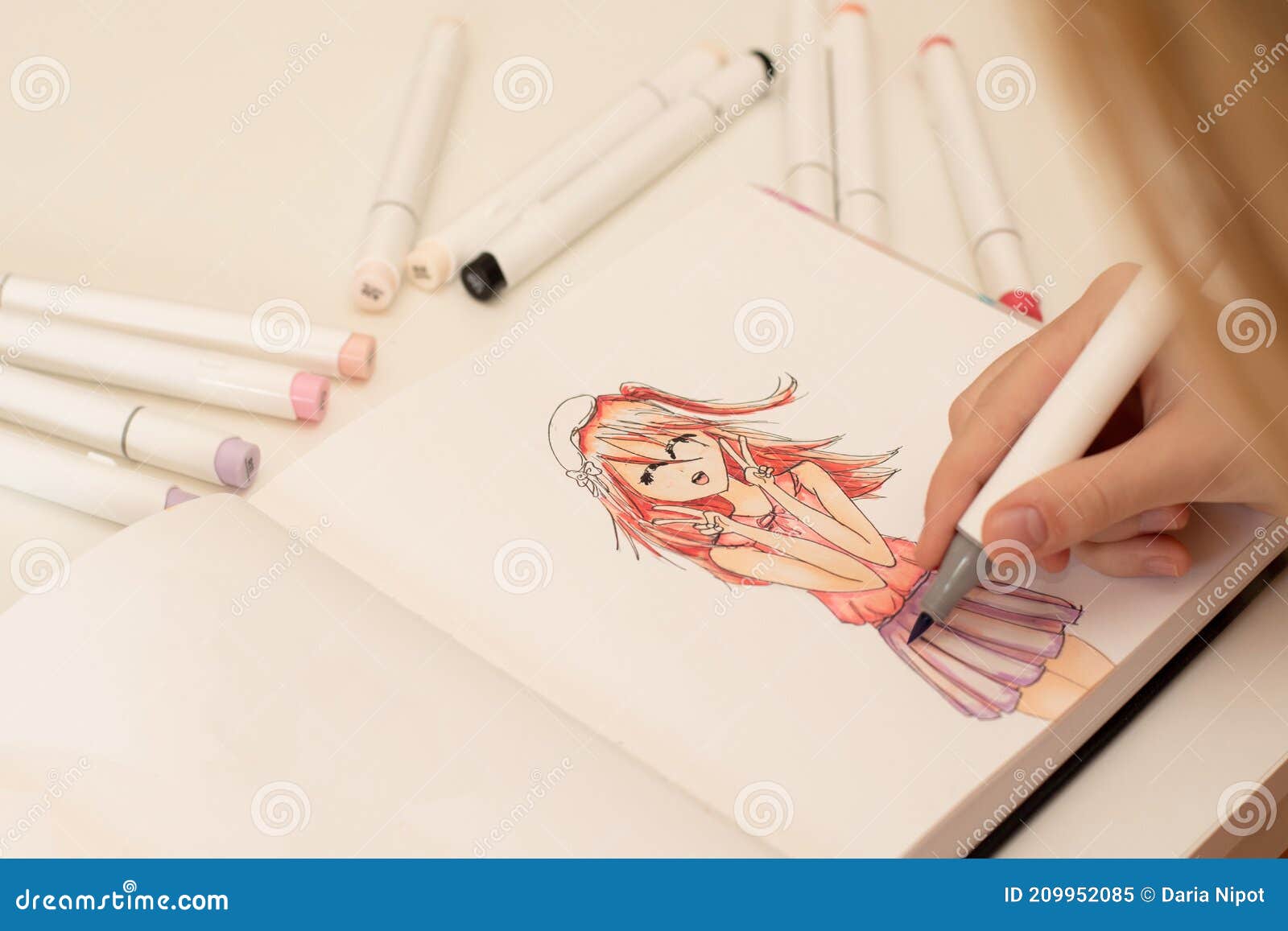 Hand Drawing a Cute Girl Anime Style Sketch with Alcohol Based Sketch Drawing  Markers Stock Image - Image of markers, hand: 209952085