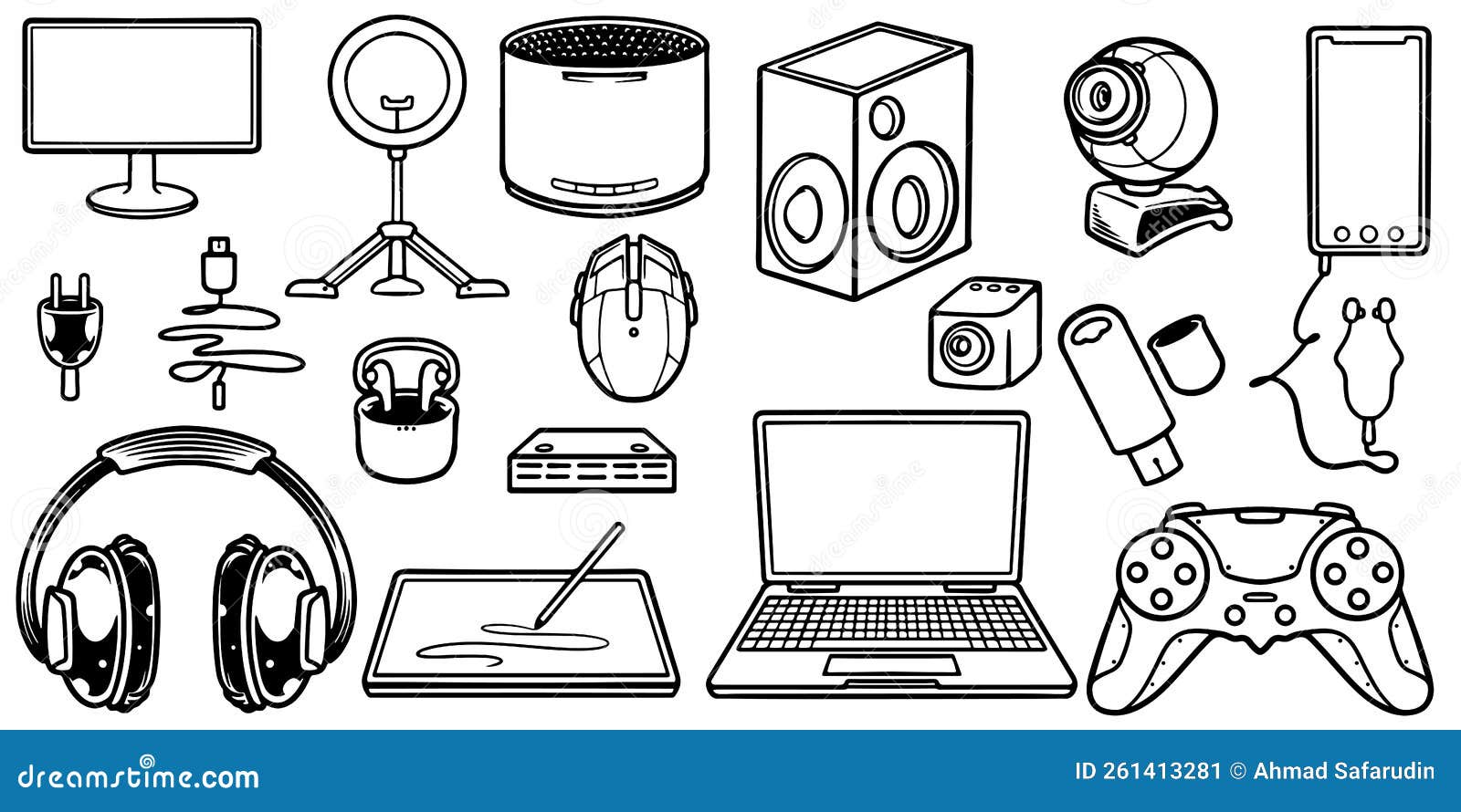 Hand Drawing of Digital Gadgets Doodle Set Isolated on White Background Stock Vector