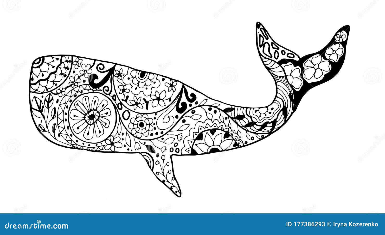 hand drawing doodles and zentangle nautical art. black and white whale  