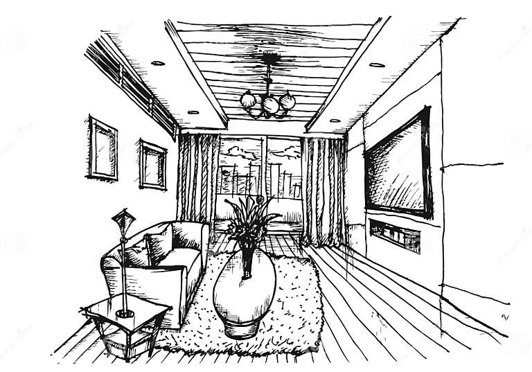 Hand Drawing Interior Design for Living Room Stock Vector ...