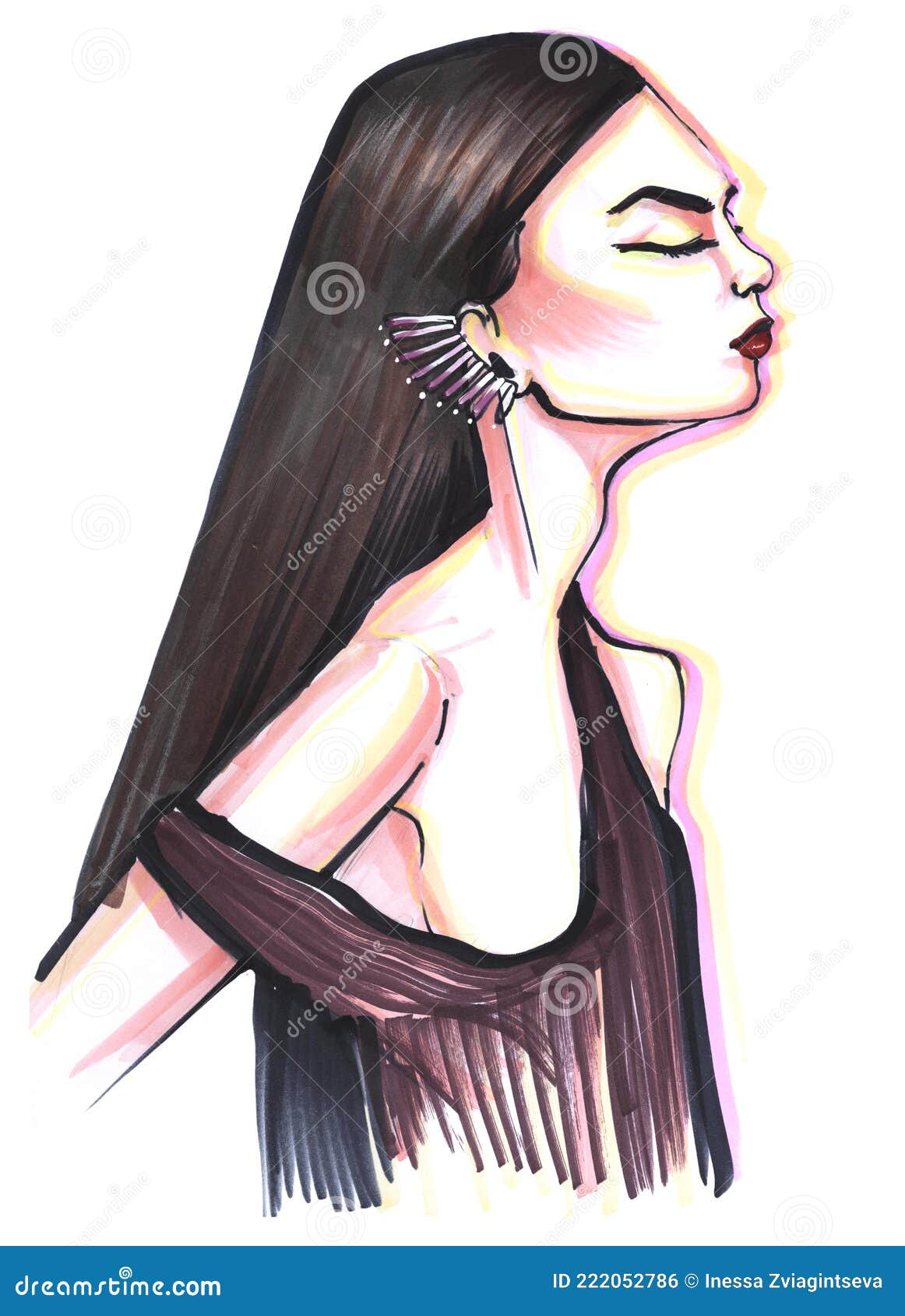 Hand Drawing with Markers Portrait of a Girl with Black Hair in Profile with a Large Mono-earring Stock Photo - Image of natural, female: 222052786 Hand Drawing with Markers Portrait of a Girl with Black Hair in Profile with a Large Mono-earring Stock Photo - Image of natural, female: 222052786