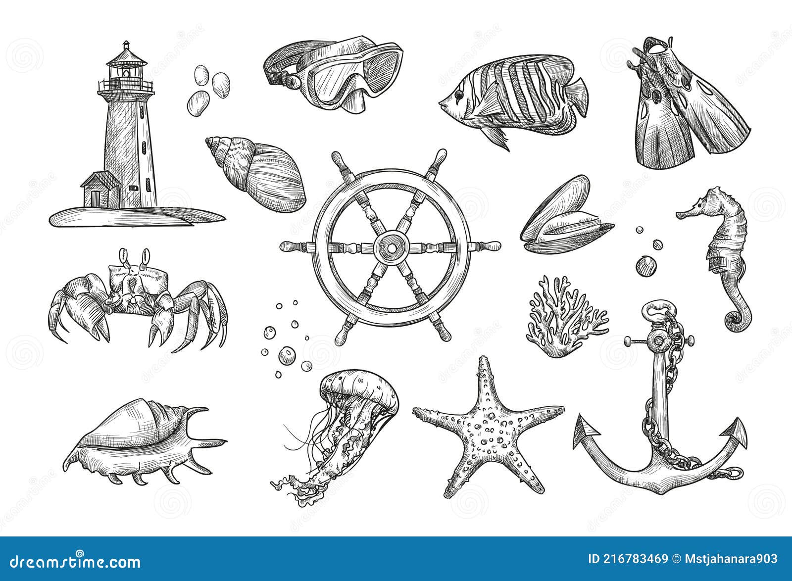 Hand Drawing Nautical Elements Vector Illustration Collection Stock ...