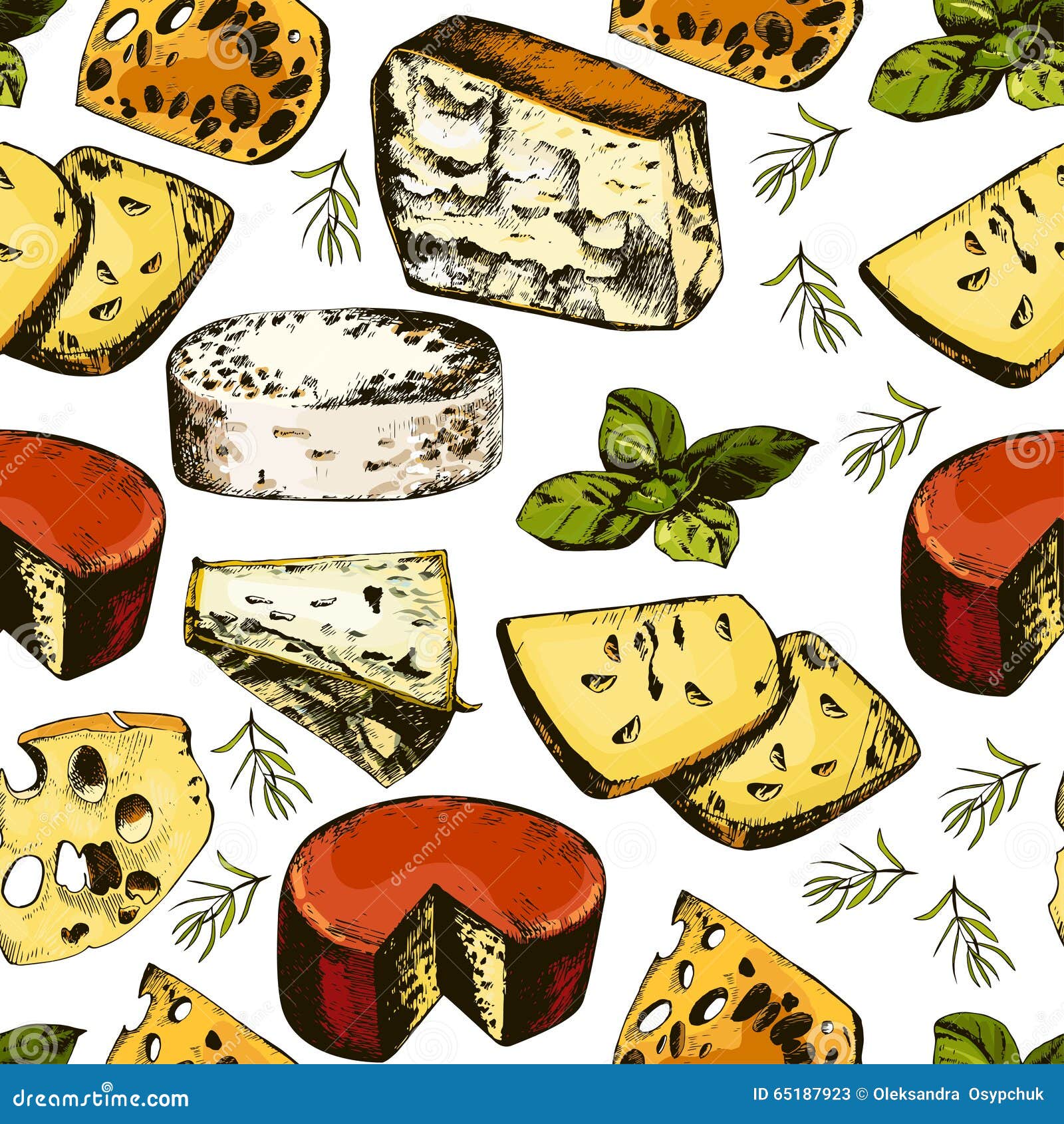 Hand Drawing Pattern with Different Cheeses. Stock Vector