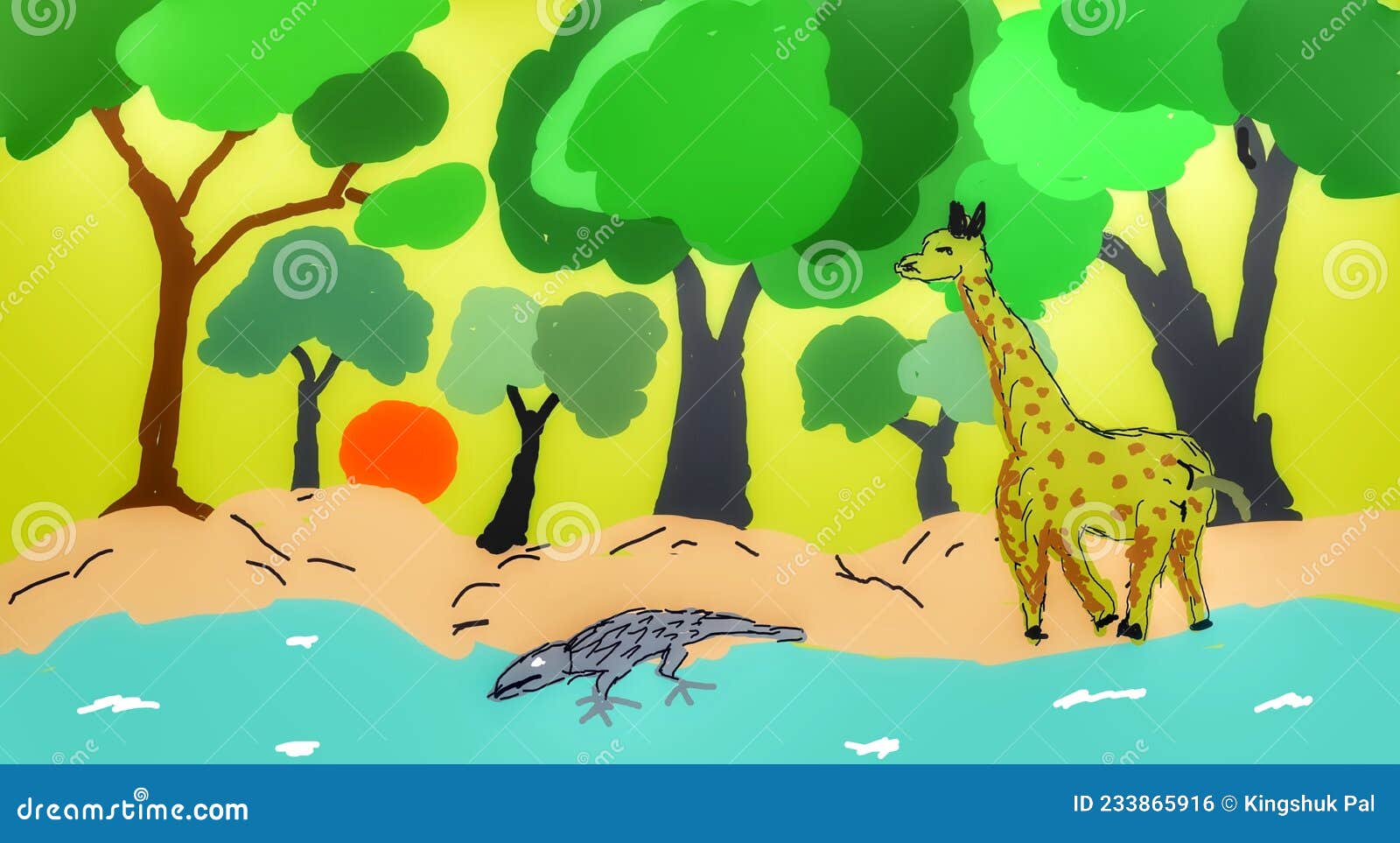 Hand-drawing Picture, of Jungle Nature S, Sunrise with Animals, Tree and  Water, on Wildlife, Background. Stock Illustration - Illustration of tree,  cartoon: 233865916