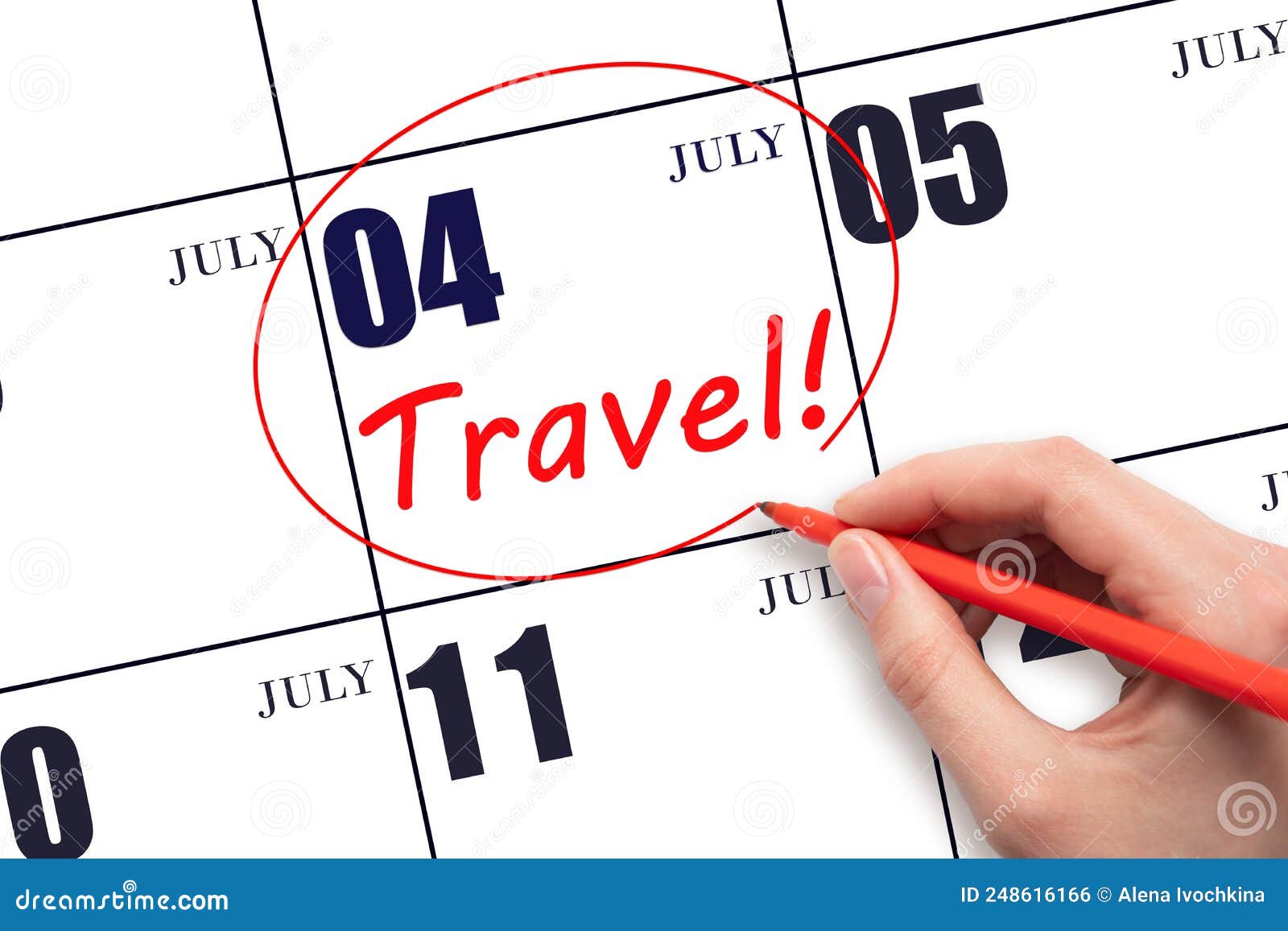 hand drawing a red circle and writing the text travel on the calendar date 4july. travel planning.