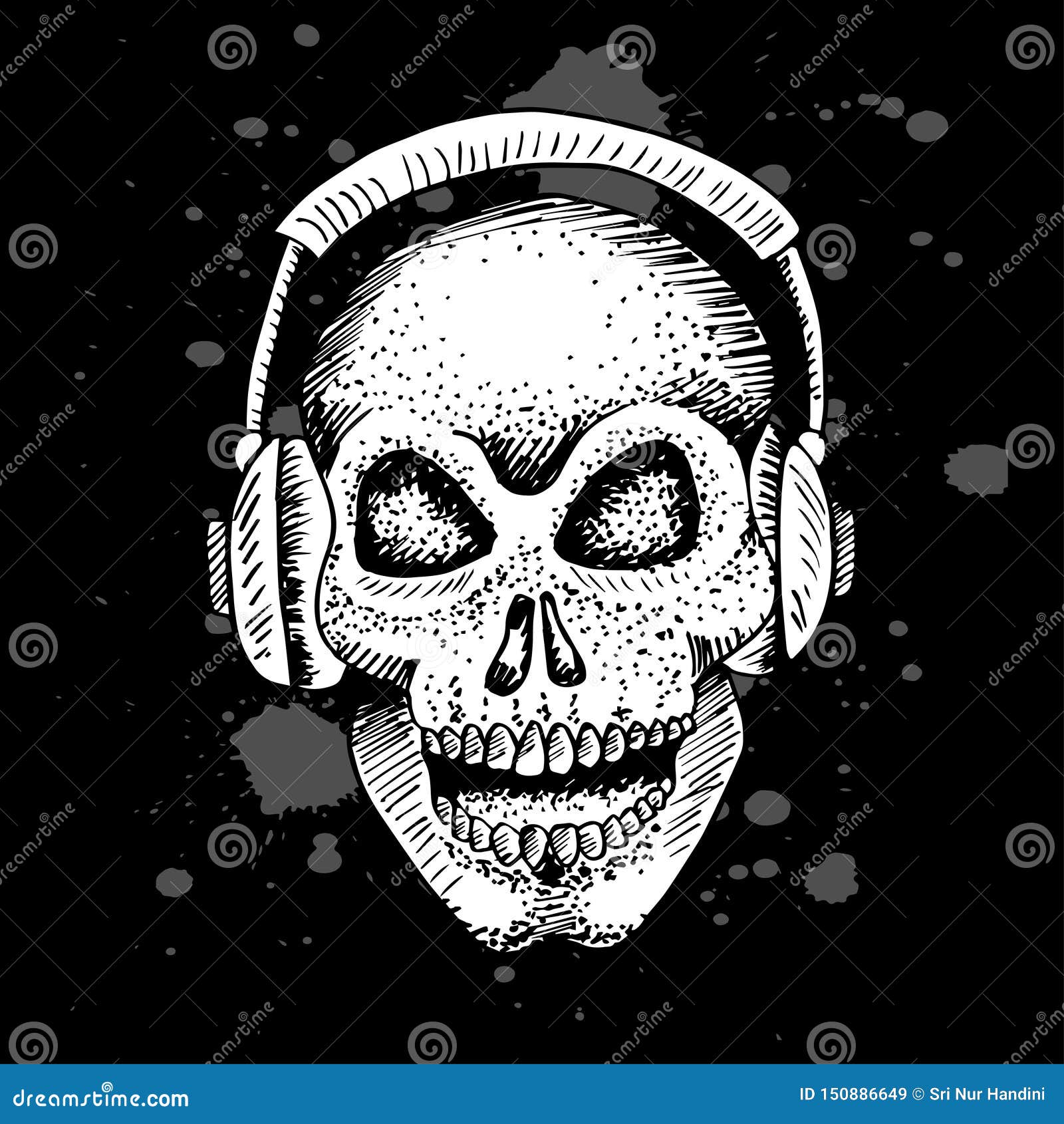 Hand Drawing Skull in Headphone. Stock Vector - Illustration of design ...