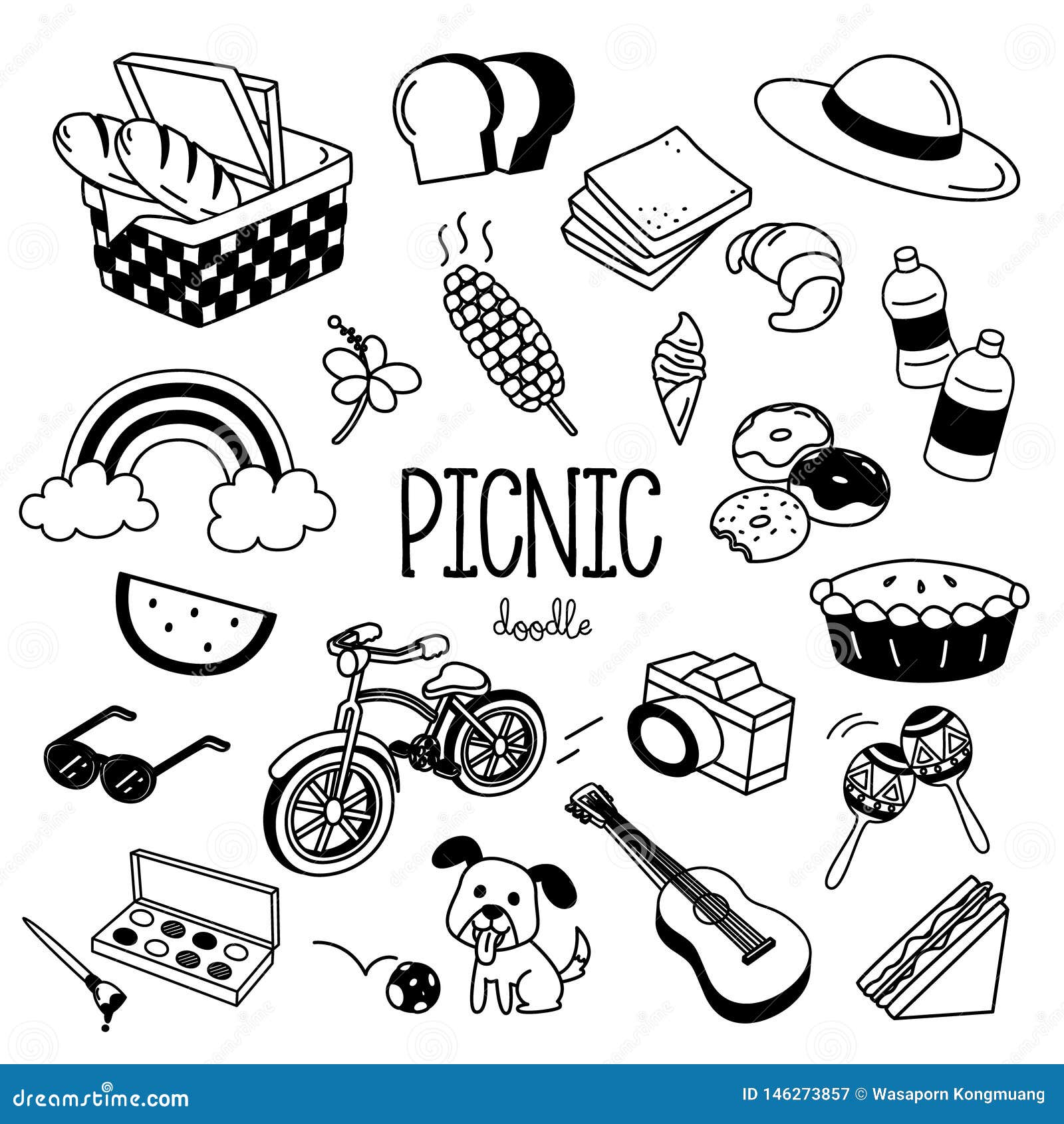Hand Drawing Styles Picnic Items. Picnic Doodle Stock Vector