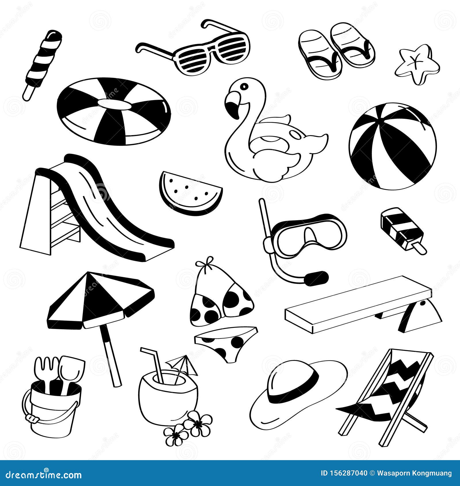 Hand Drawing Styles Pool Items. Doodle Summer with Beach Items Stock