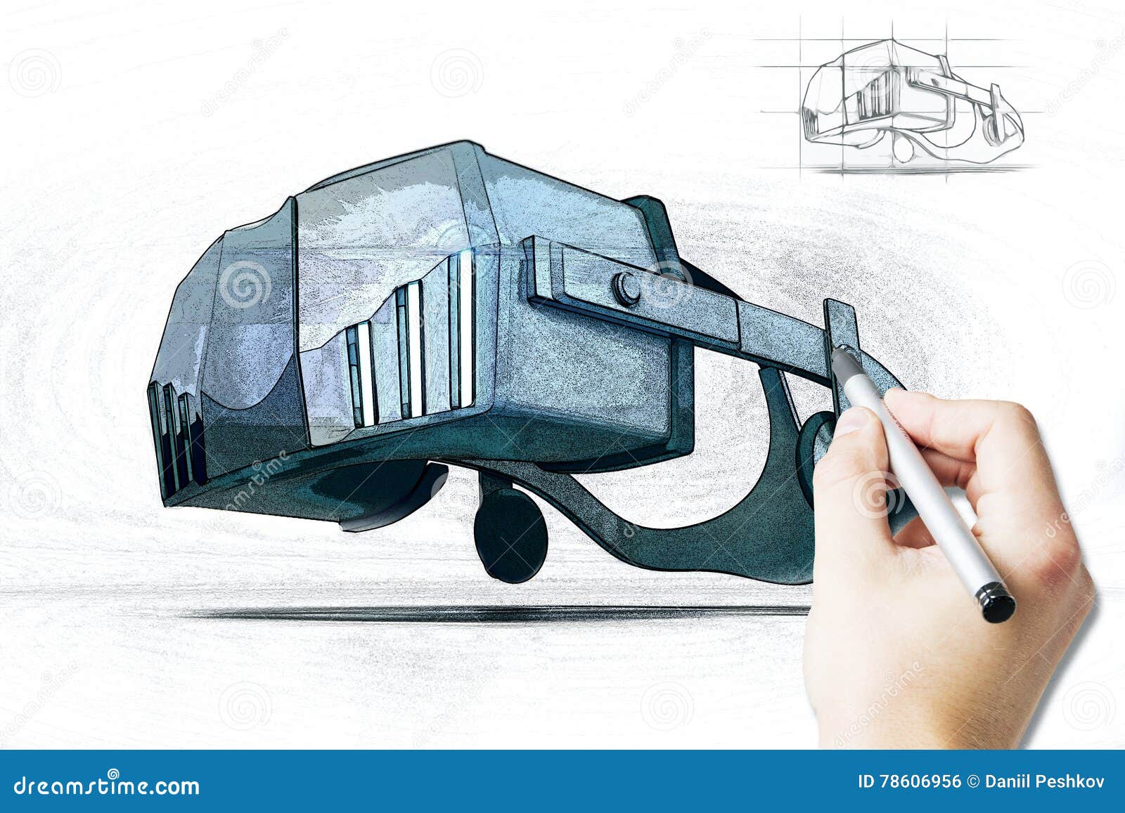 Hand drawing VR simulator stock illustration. Illustration of game