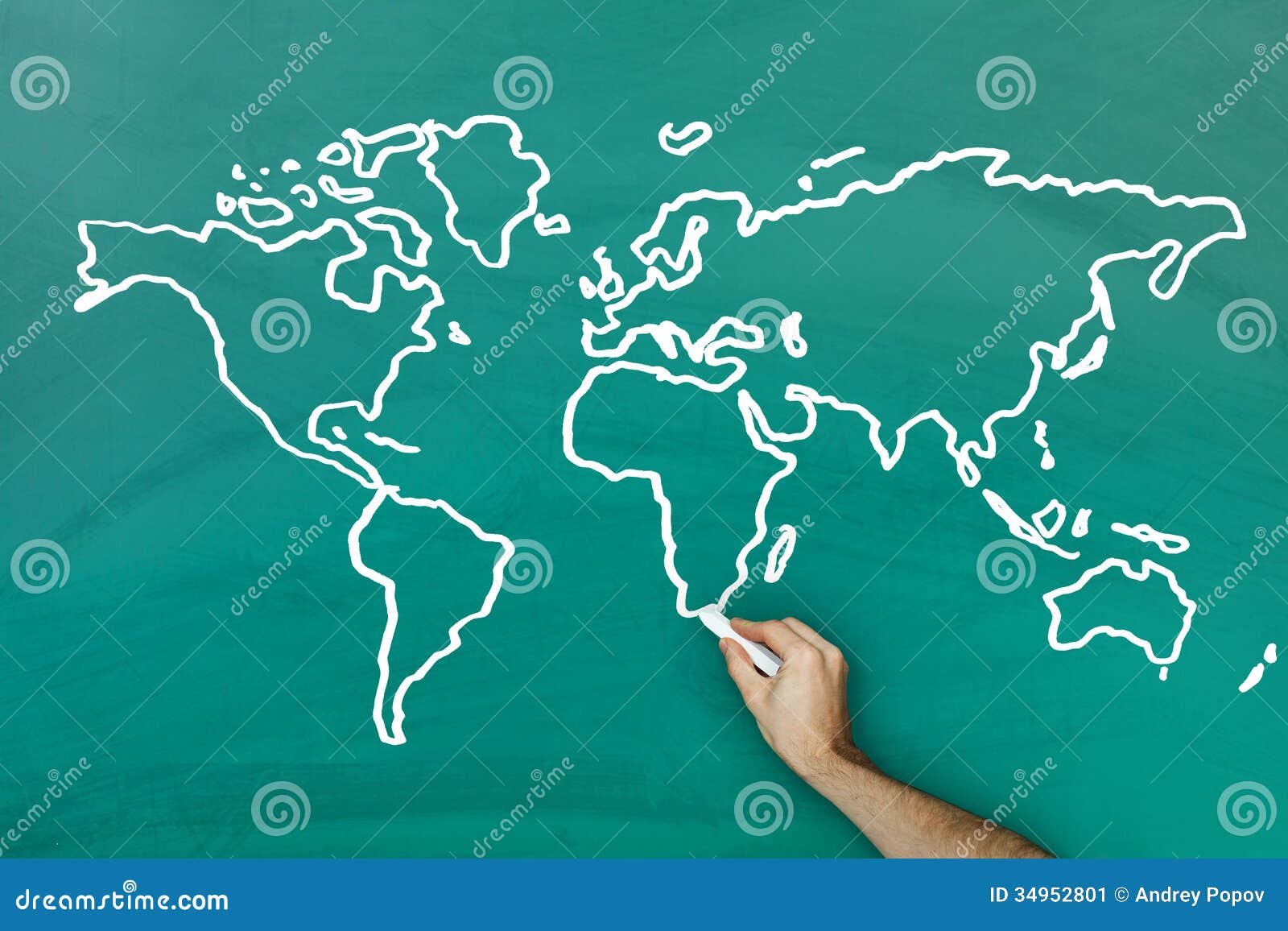 hand drawing world map blackboard holding chalk 34952801