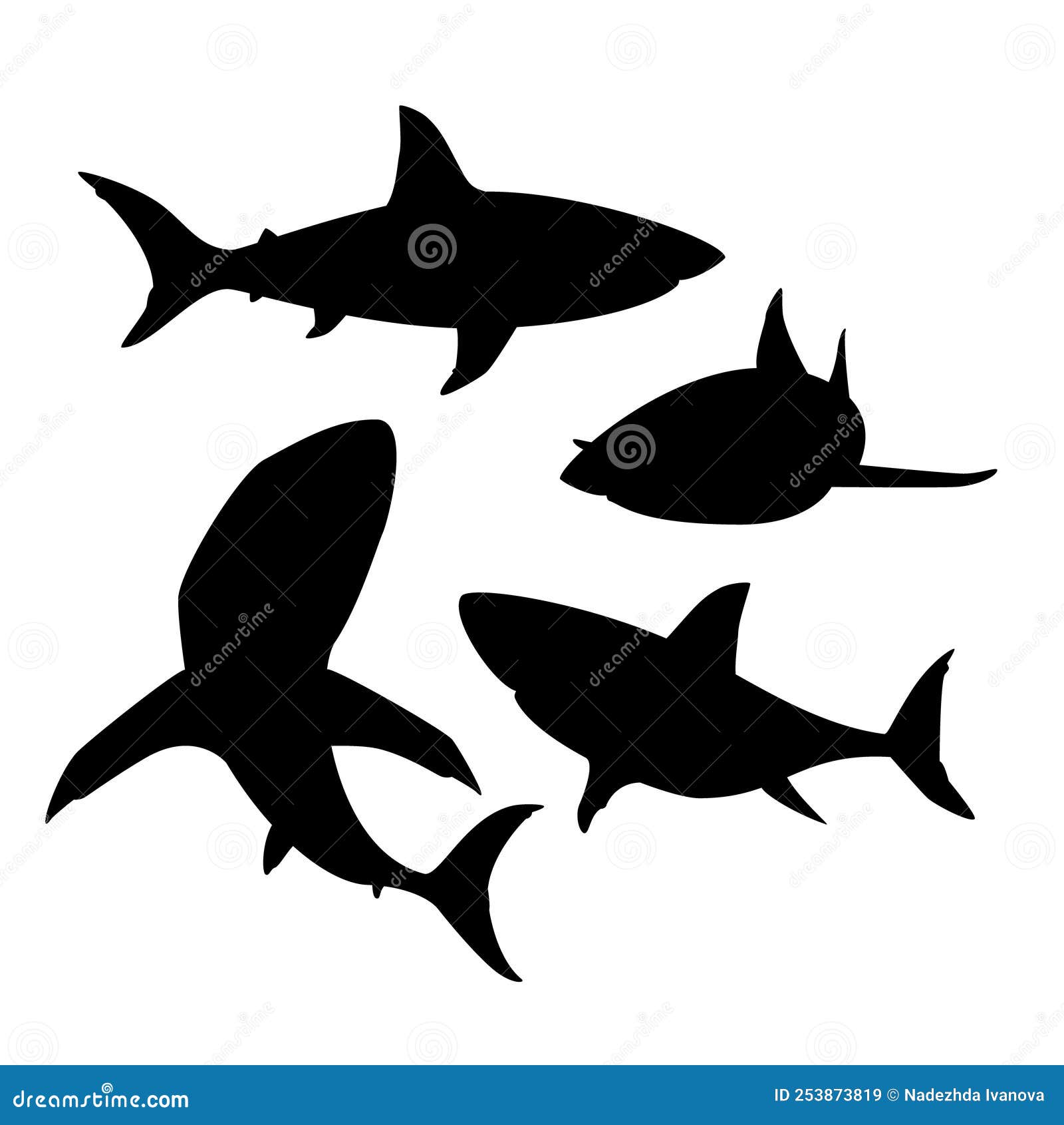Hand Drawn Animals Silhouette Shark Fish Set Vector Illustration. Stock