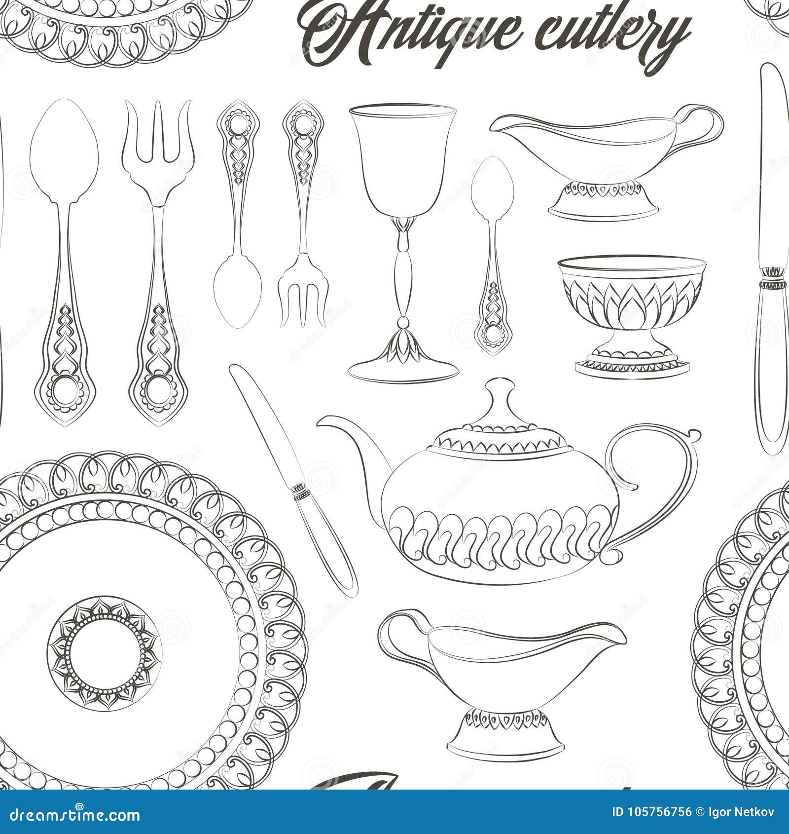 Hand Drawn Antique Silver Cutlery Set Pattern Stock Vector