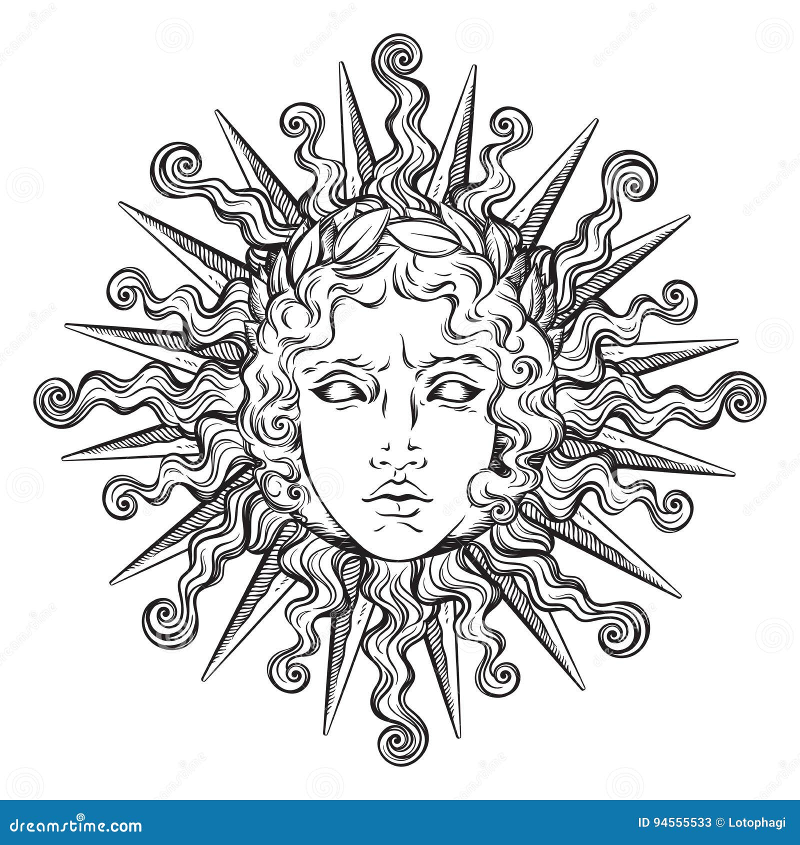 hand drawn antique style sun with face of the greek and roman god apollo. flash tattoo or print   